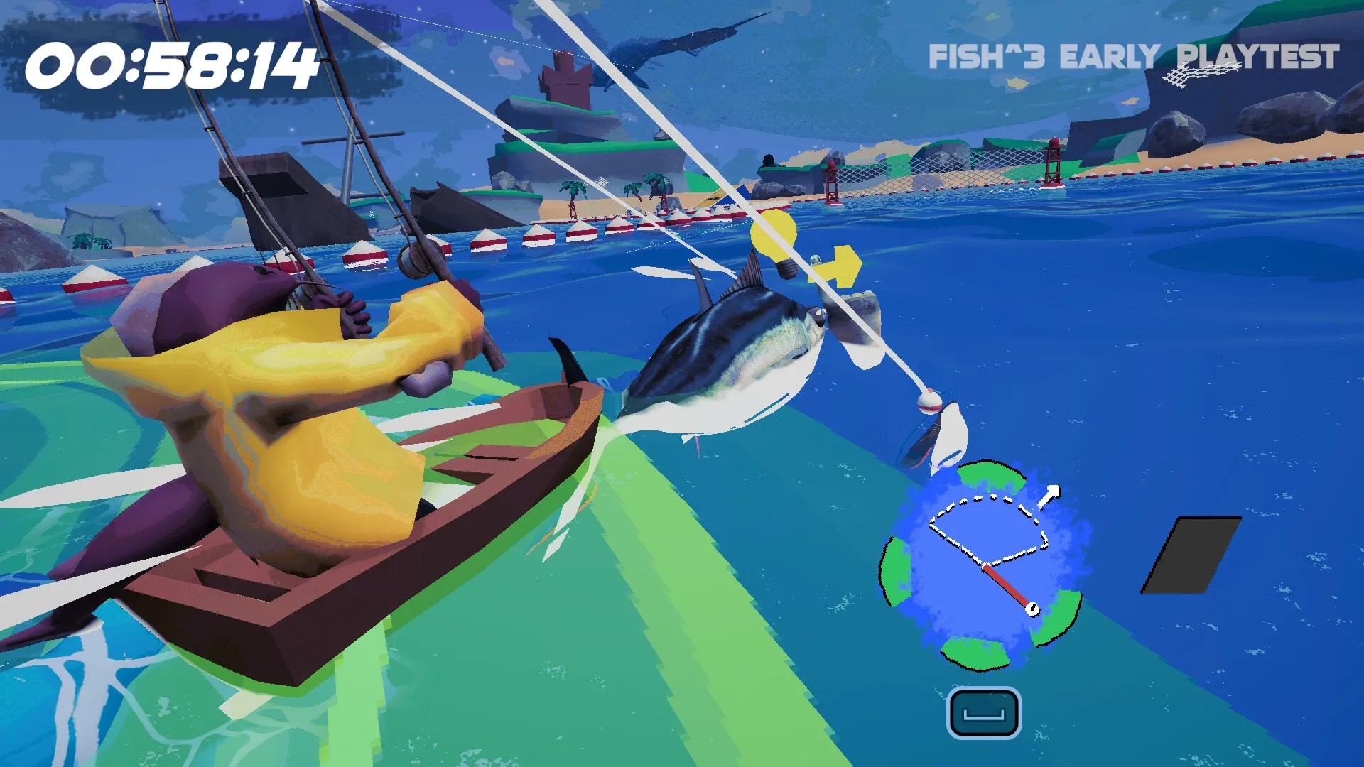 FISH³: Dual-rod fishing action with timer in vibrant, surreal ocean environment during early playtest.