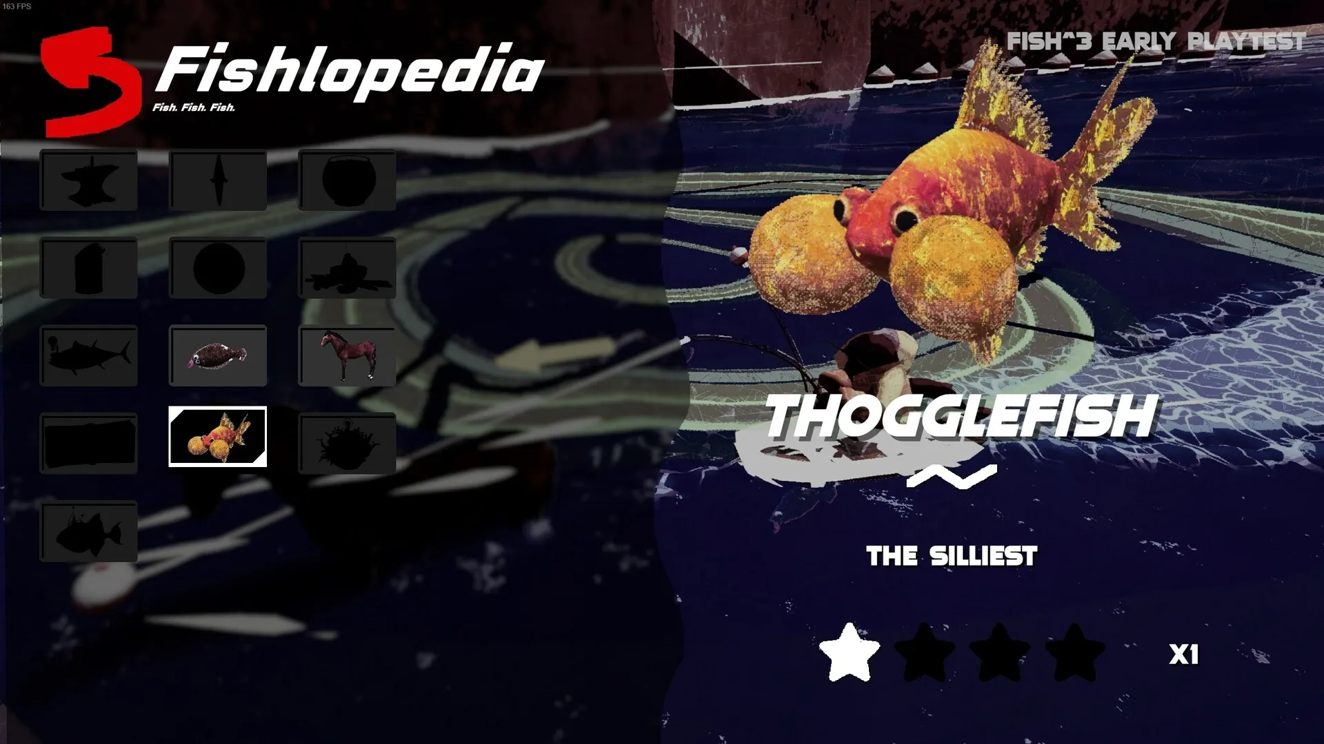 FISH³: Thogglefish entry in Fishlopedia with rating system, set in a surreal aquatic environment