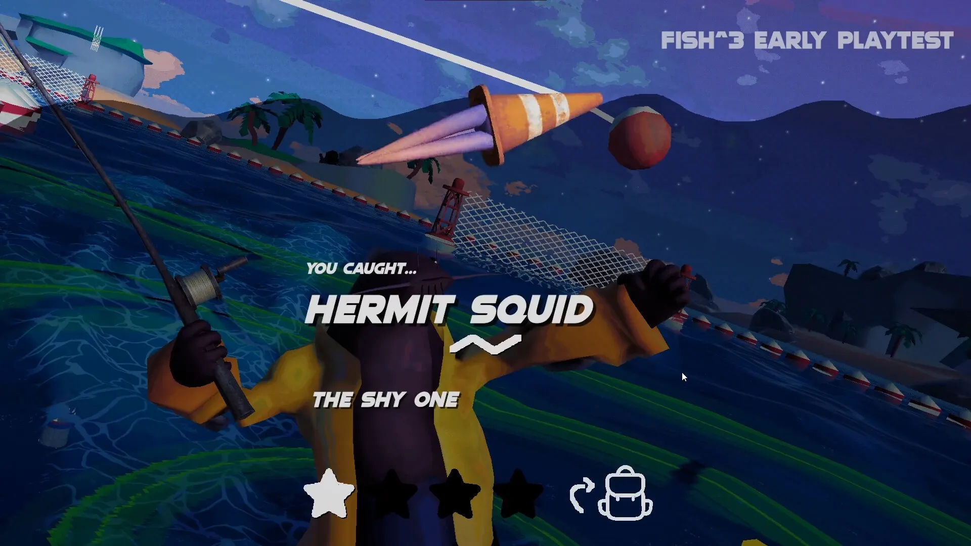 FISH³: Player catches Hermit Squid in vibrant ocean scene with UI showing catch details and rating.