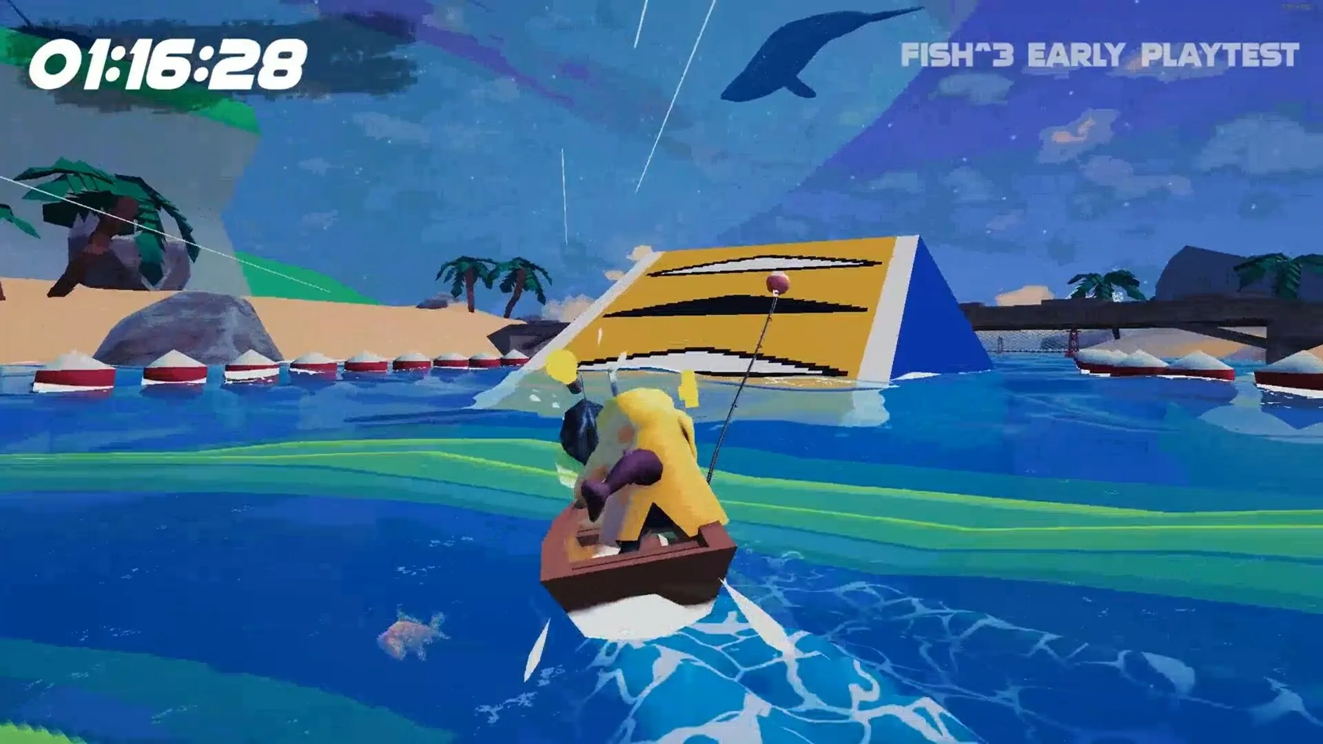 FISH³: Player in yellow raincoat fishing from a small boat near a ramp in a vibrant, surreal ocean setting.