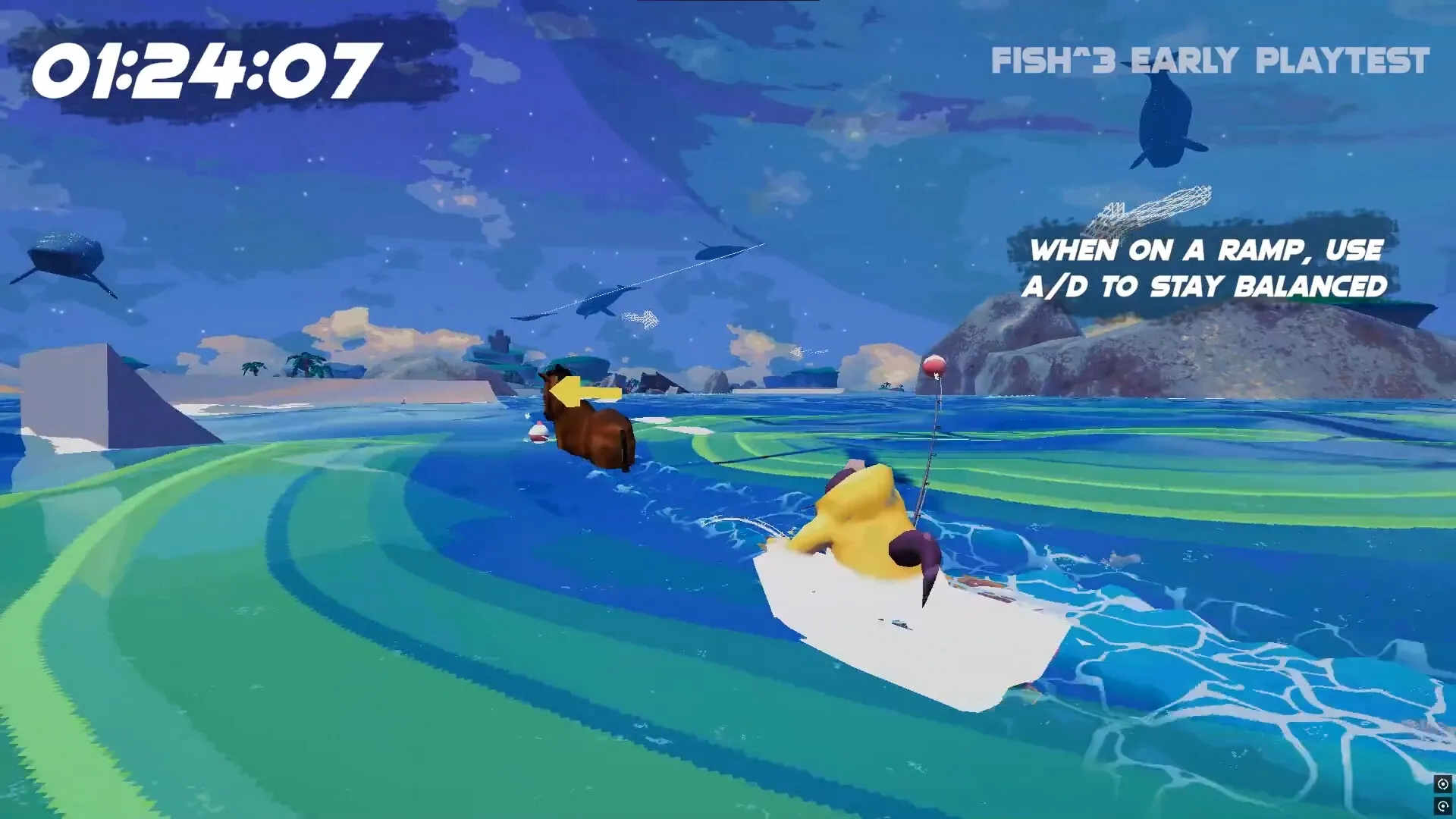 FISH³: Player in yellow raincoat speed-fishing while navigating a colorful, surreal ocean landscape.