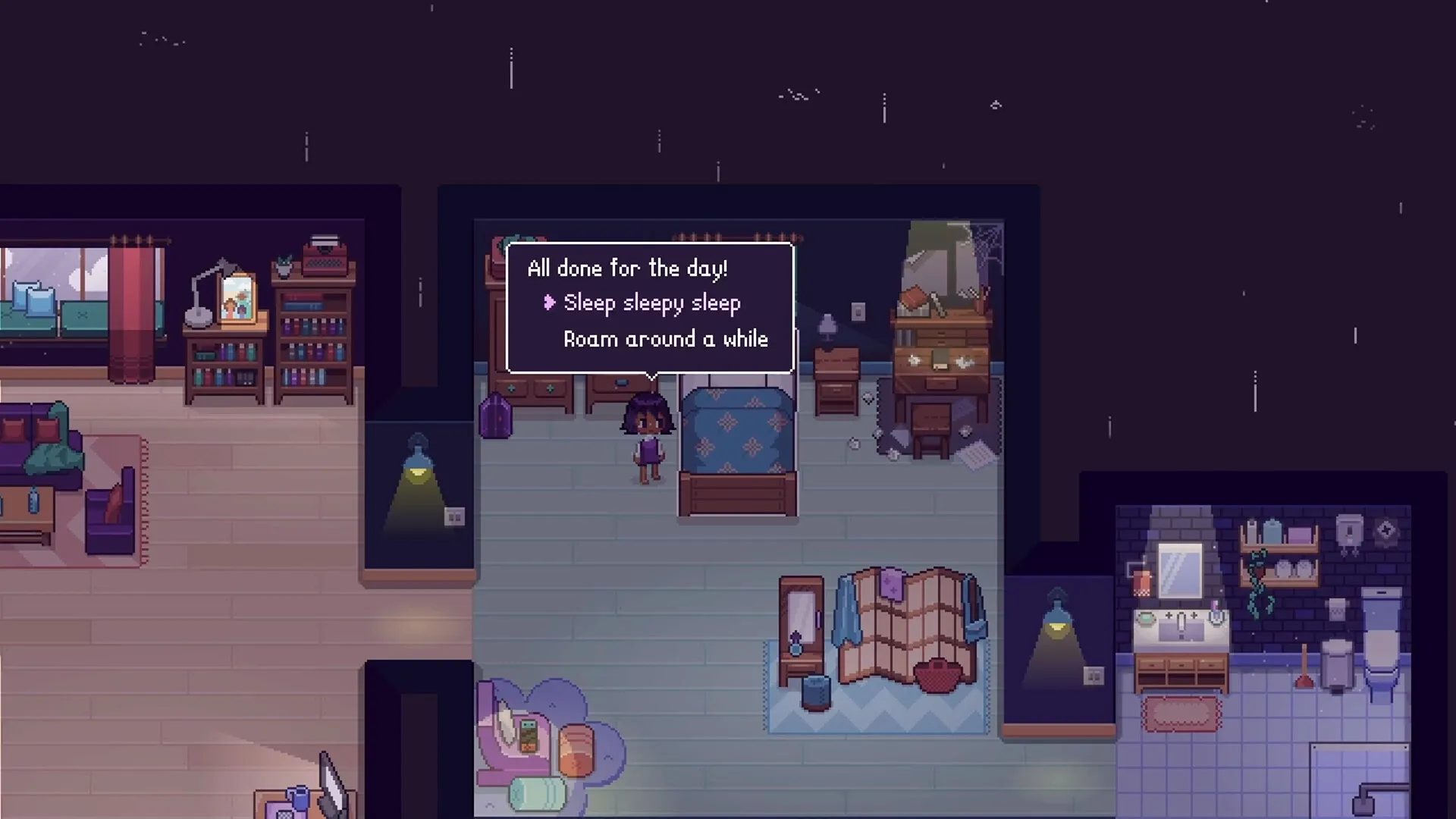 Fishbowl: Character in bedroom with dialogue options, cozy room decor, and adjacent bathroom visible.