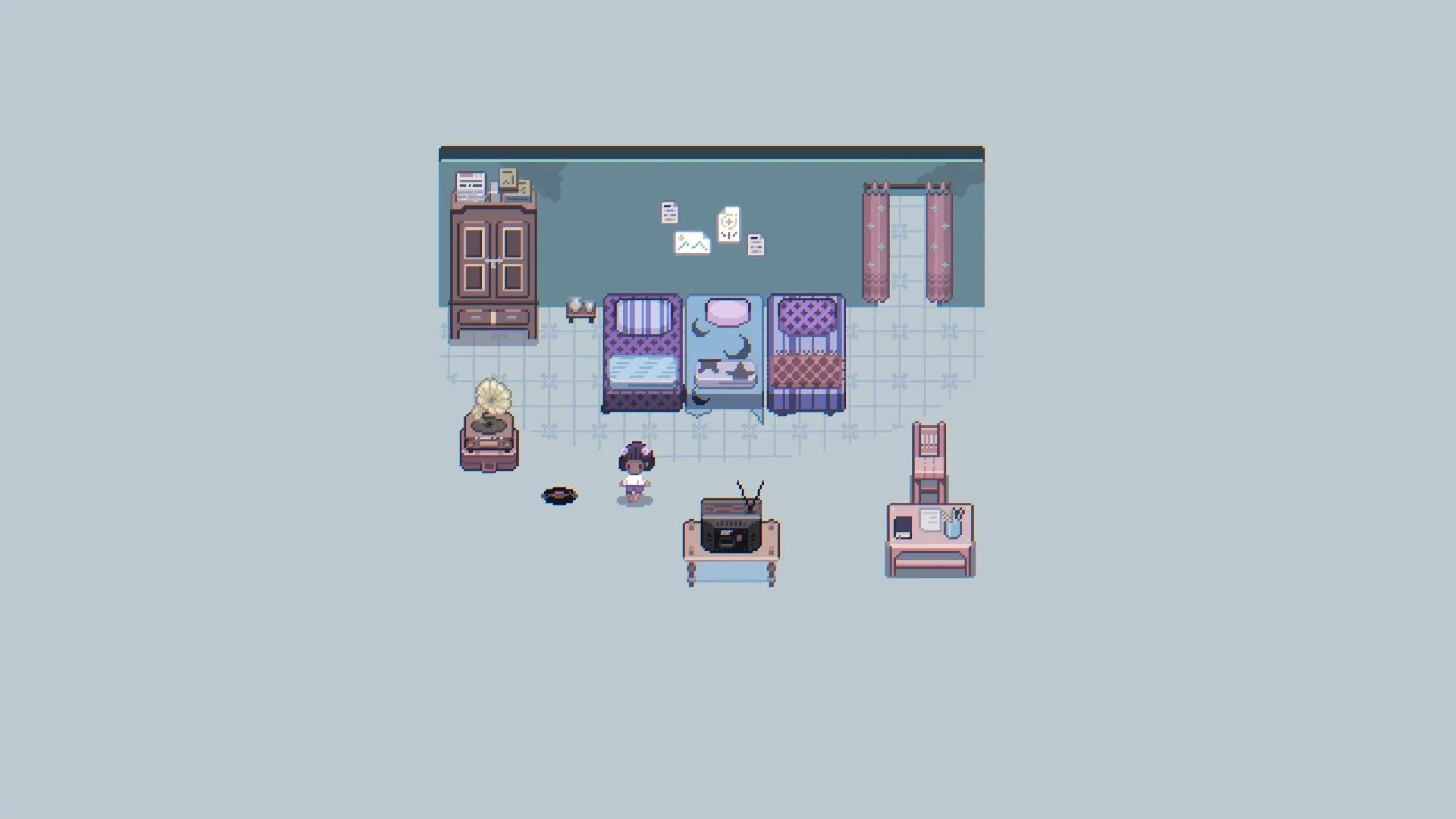 Fishbowl: Character in a cozy bedroom with twin beds, a TV, desk, and wardrobe, creating a homely vibe.