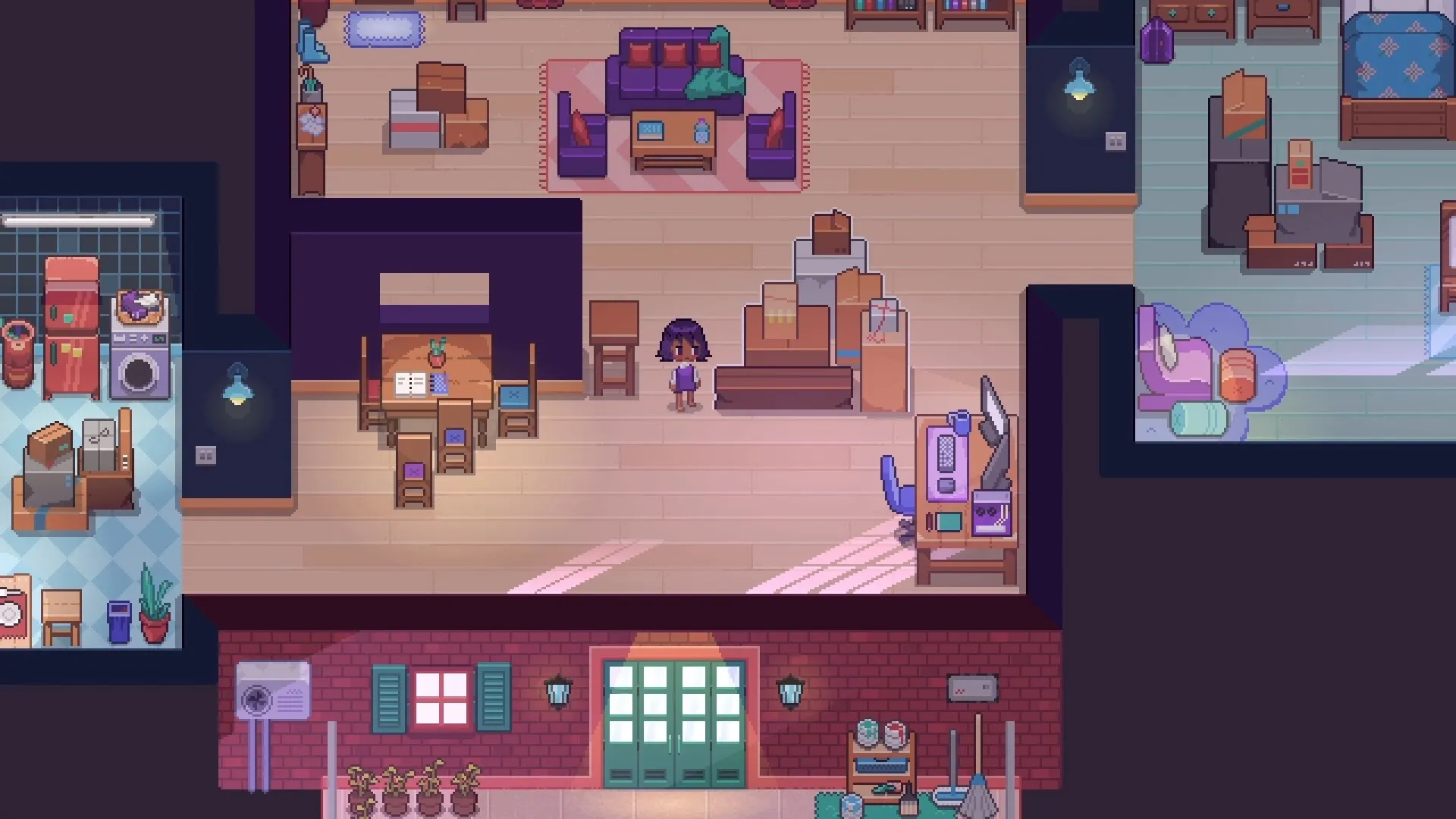 Fishbowl: Character stands in a cozy room with boxes and a study area, exploring their new home.