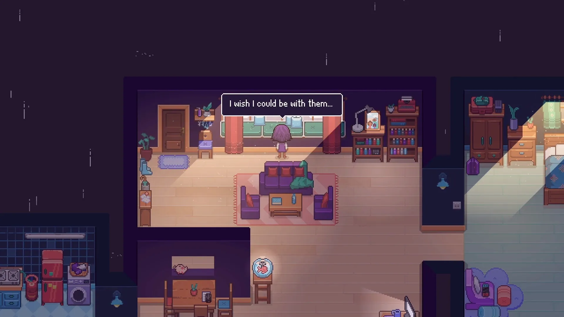 Fishbowl: Character stands by window in cozy living room with bookshelves and a fishbowl on a stool