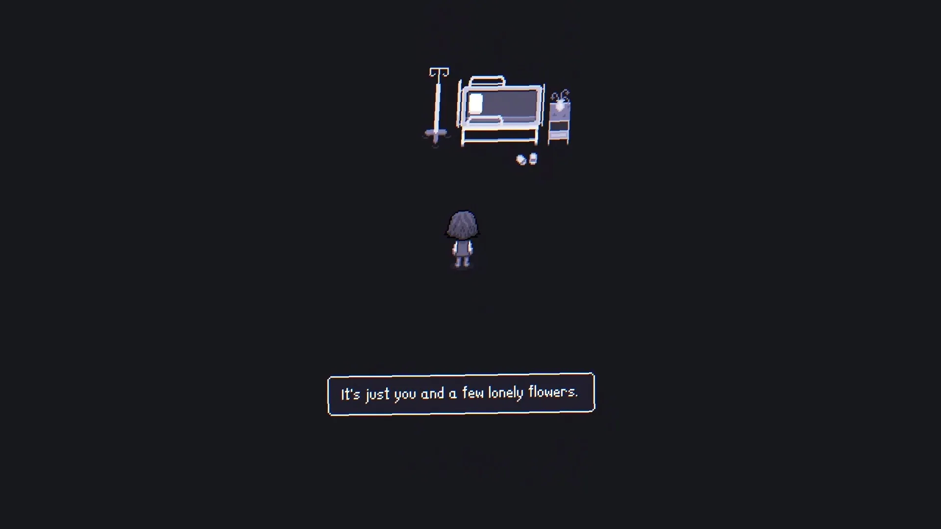 Fishbowl: Character stands alone by a hospital bed and IV pole, with text reading "It's just you and a few lonely flowers."