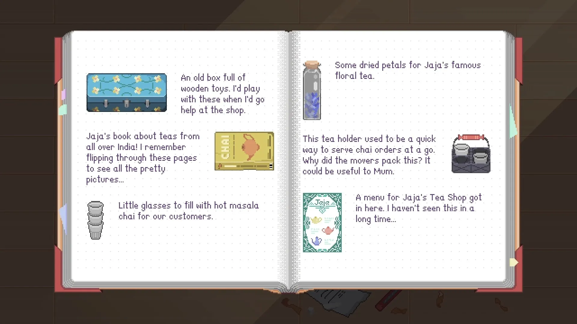 Fishbowl: Open journal with nostalgic items and notes about Jaja's Tea Shop on wooden table background