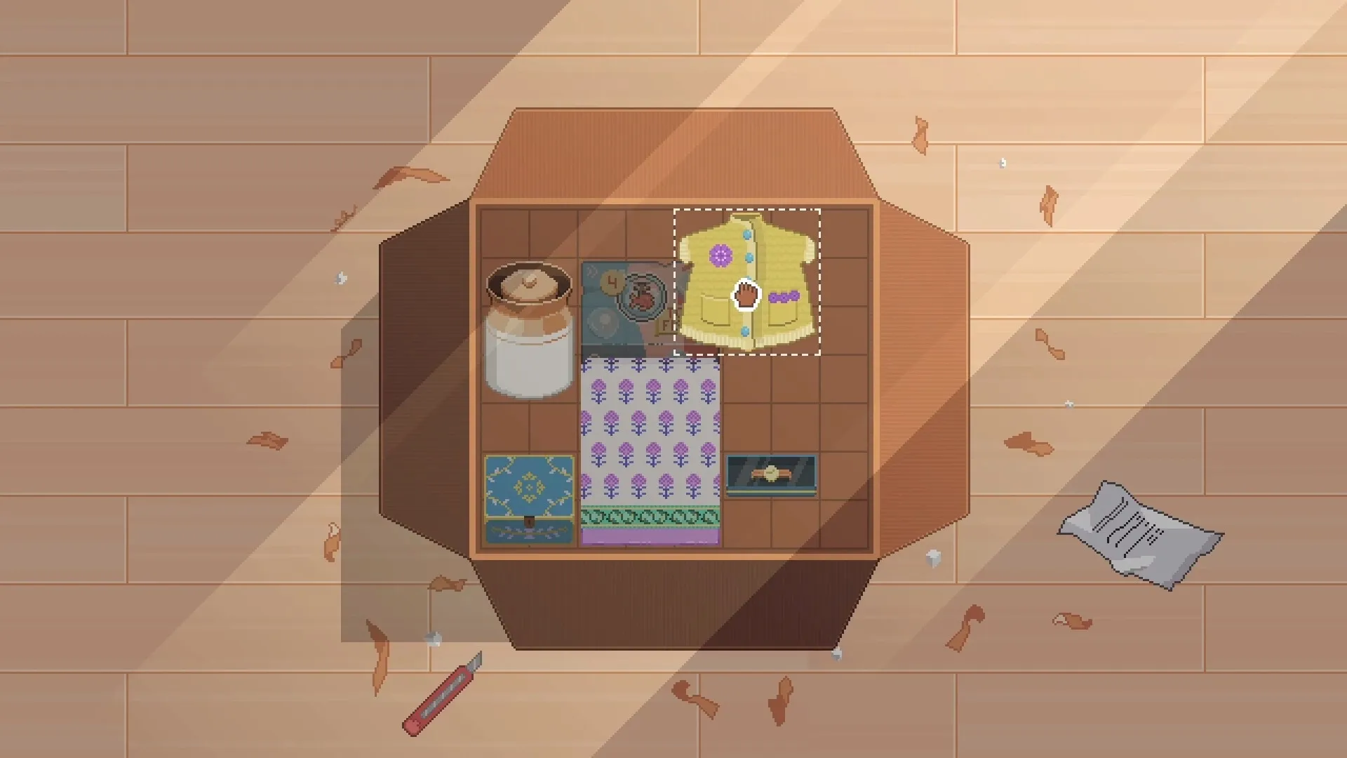 Fishbowl: Puzzle sorting on a wooden table with a sweater, jar, and craft materials in a cozy room