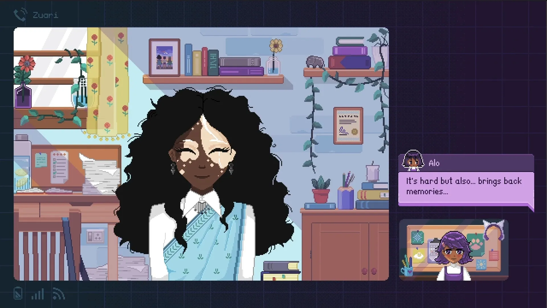 Fishbowl: Alo video calls in a cozy room with books, plants, and a dialogue box on the right.