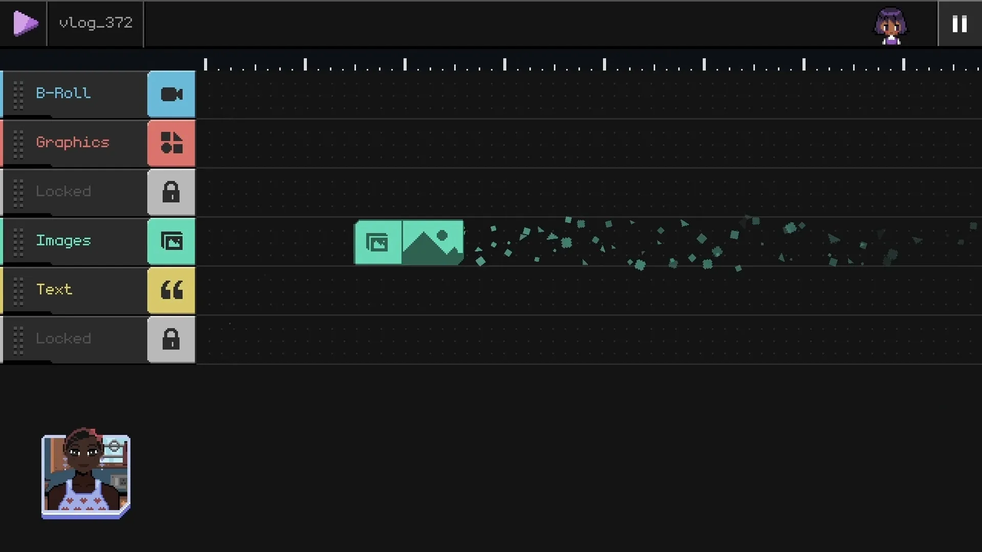 Fishbowl: Video editing timeline with B-Roll, Graphics, Images, and Text tracks in a dark interface