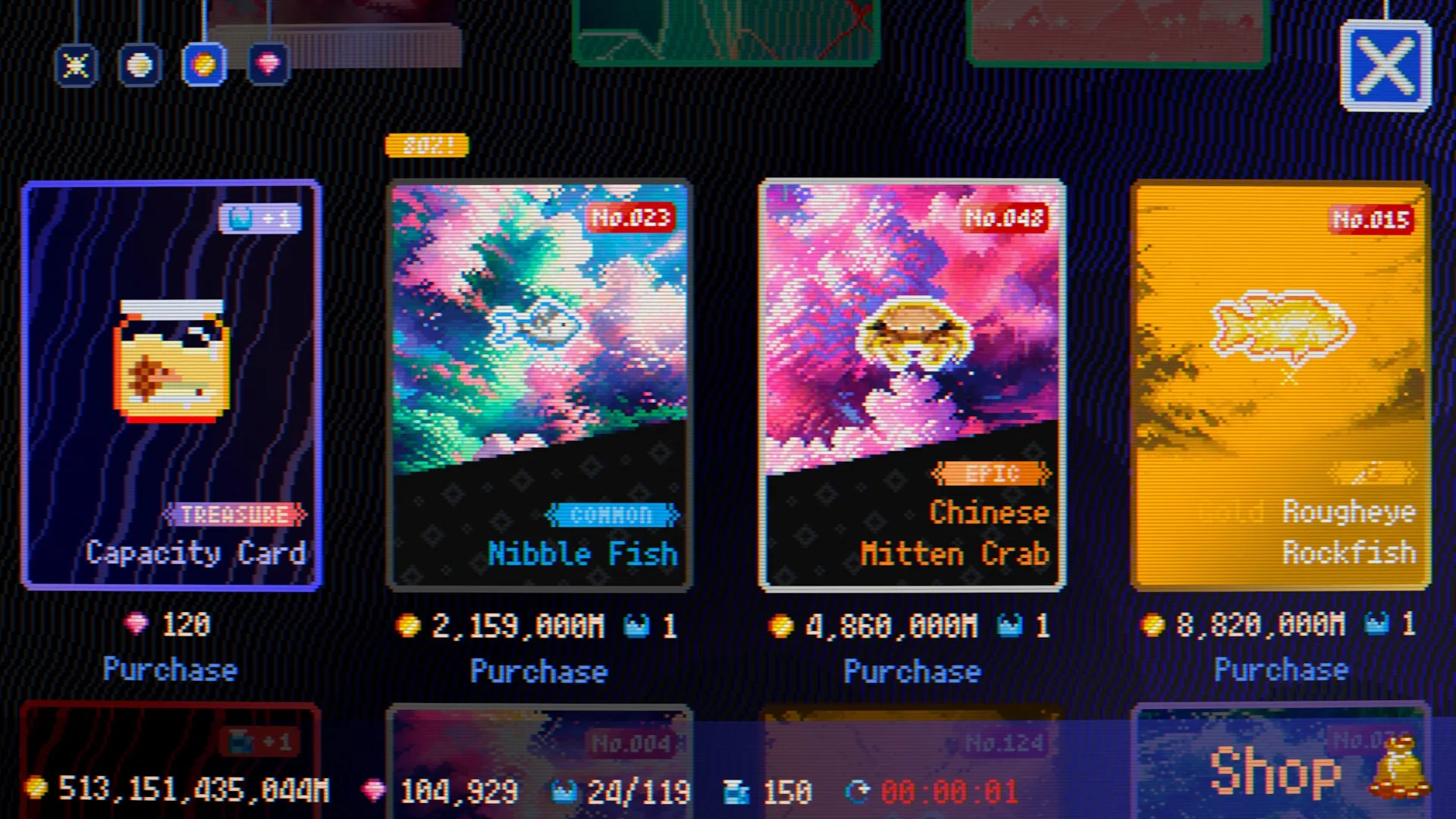 FISHTOPIA: Card shop interface displaying Capacity Card, Nibble Fish, Chinese Mitten Crab, and Rockfish
