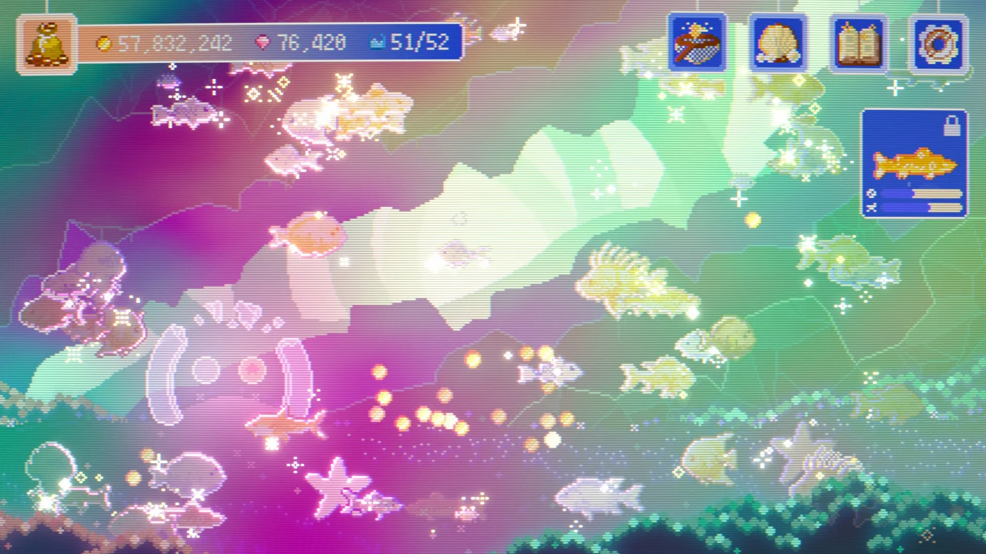FISHTOPIA: Colorful fish swim amidst glowing gems and coins in a vibrant underwater pixel art world.
