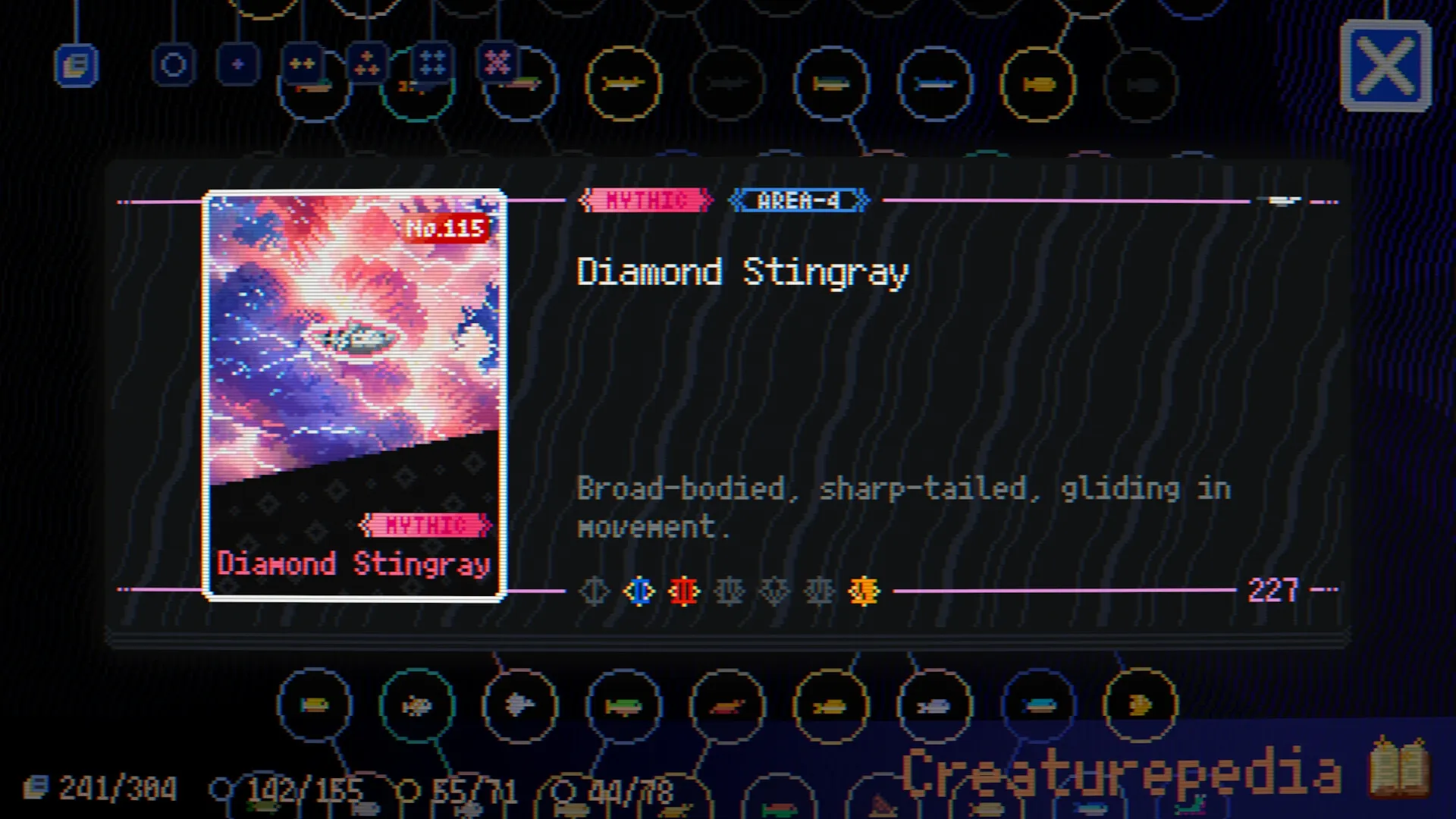 FISHTOPIA: Diamond Stingray card details in the Creaturpedia screen with vibrant pixel art design.