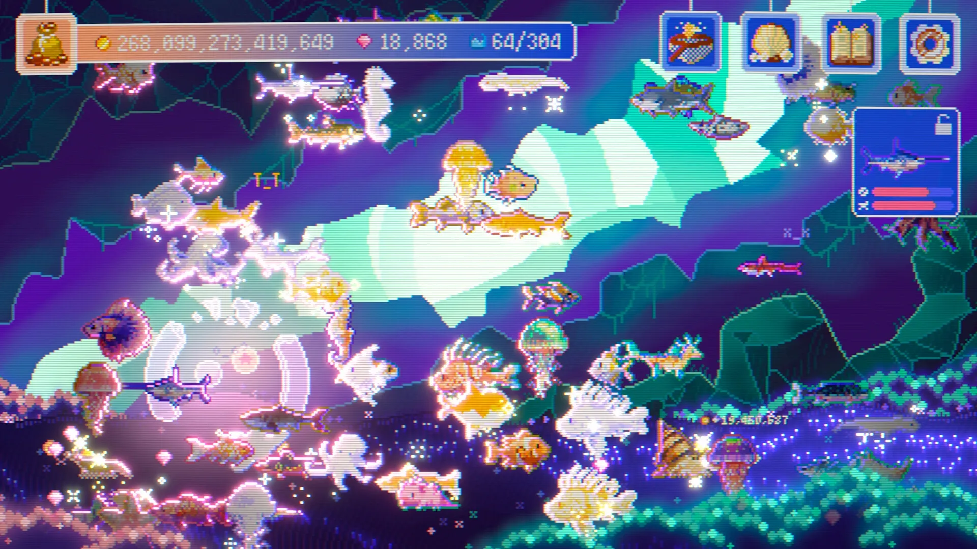 FISHTOPIA: Vibrant sea creatures swim in a cyberpunk ocean under a colorful, pixelated user interface.