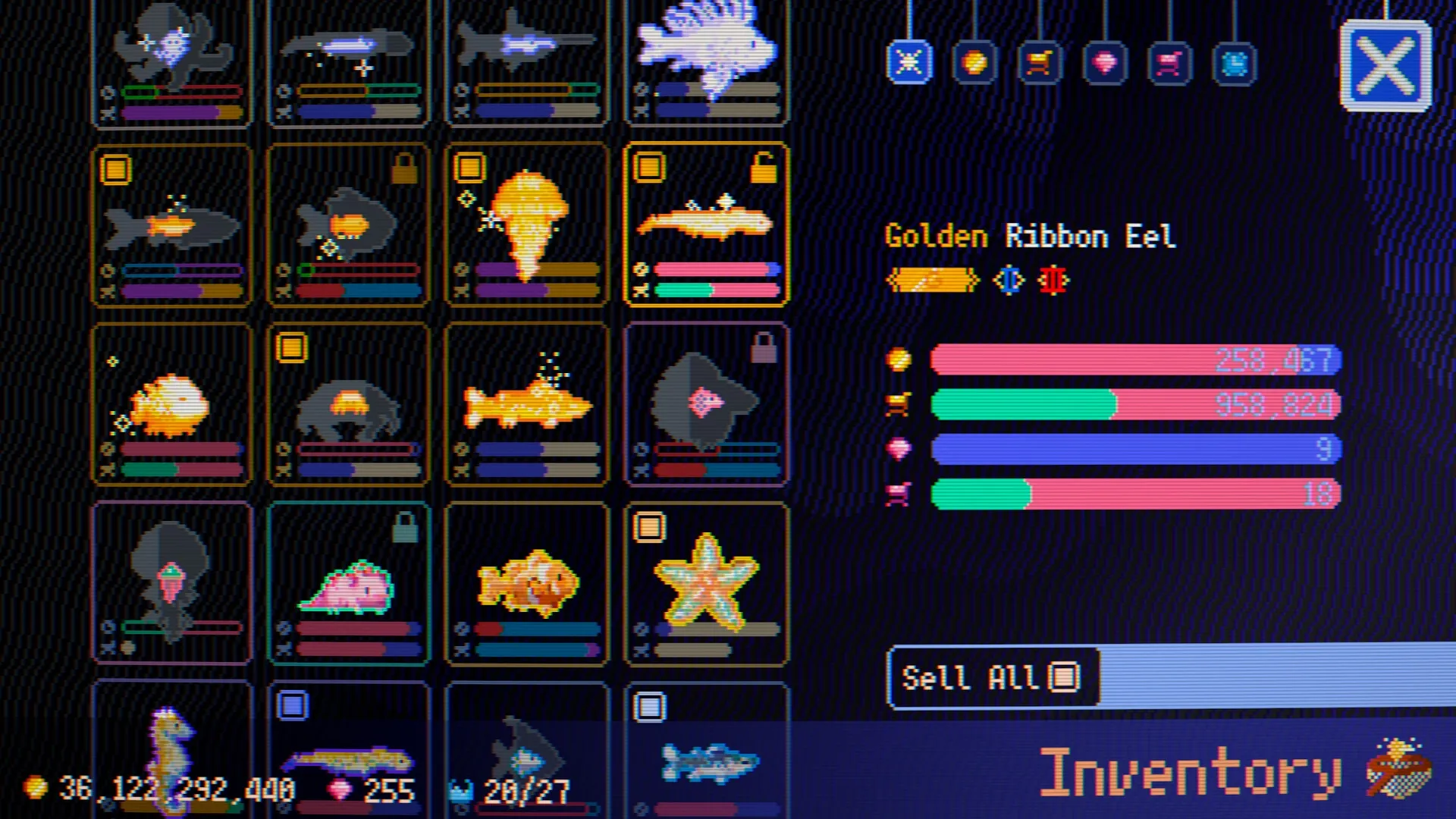 FISHTOPIA: Inventory menu displaying various creature cards with stats and a highlighted Golden Ribbon Eel