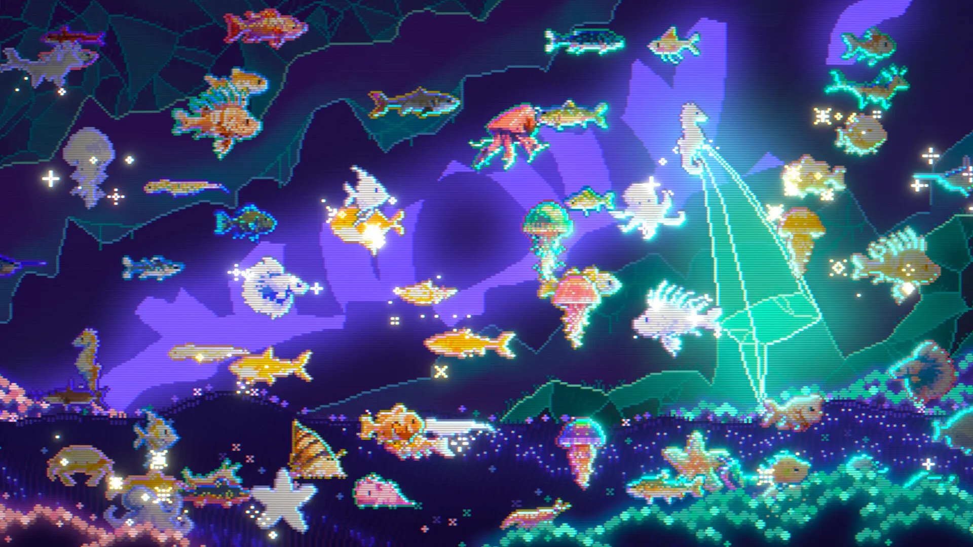 FISHTOPIA: Vibrant pixel art underwater scene with various colorful fish and creatures exploring caves