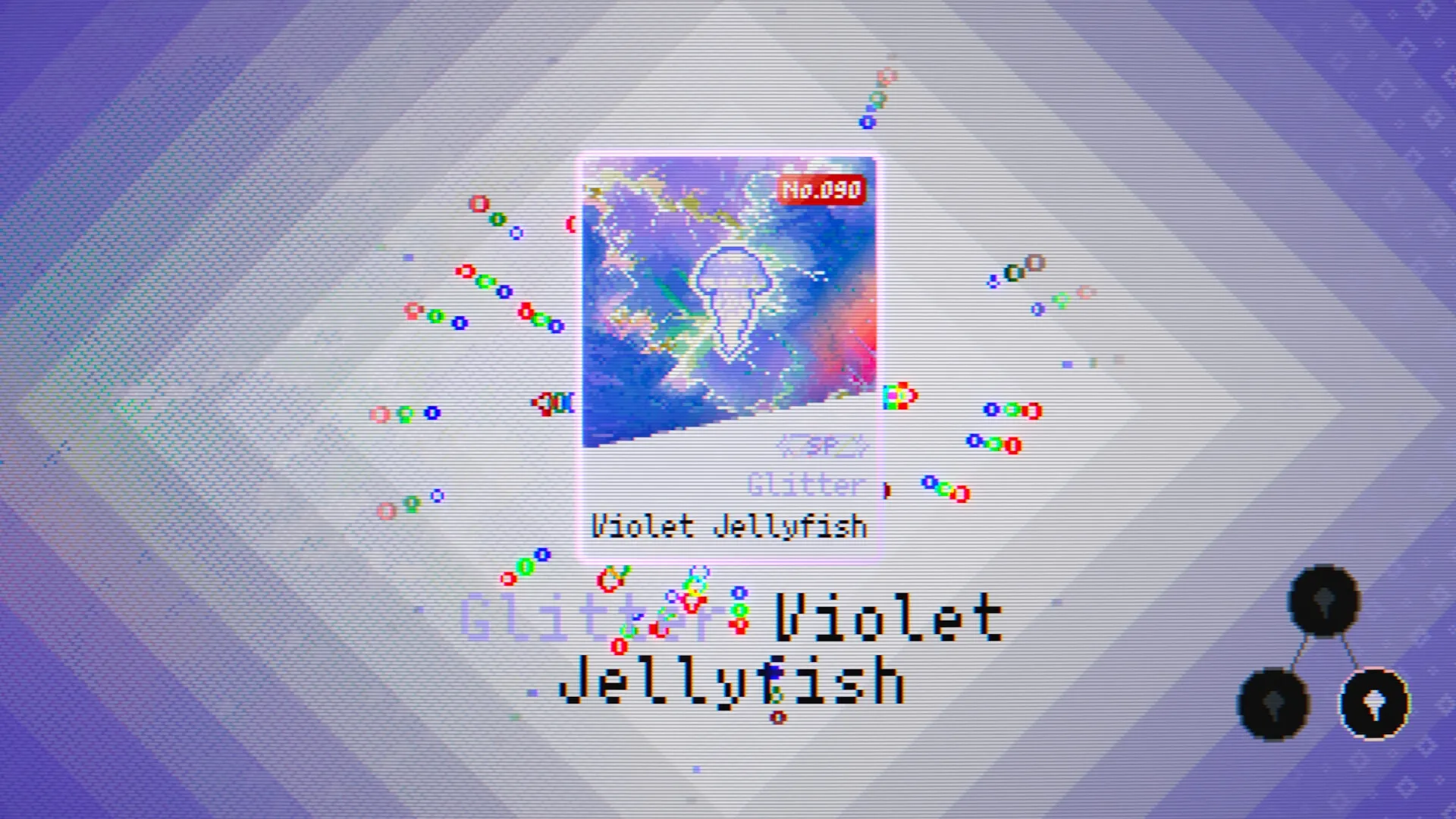 FISHTOPIA: Violet Jellyfish card with vibrant effects in a pixelated, cyberpunk-themed interface.