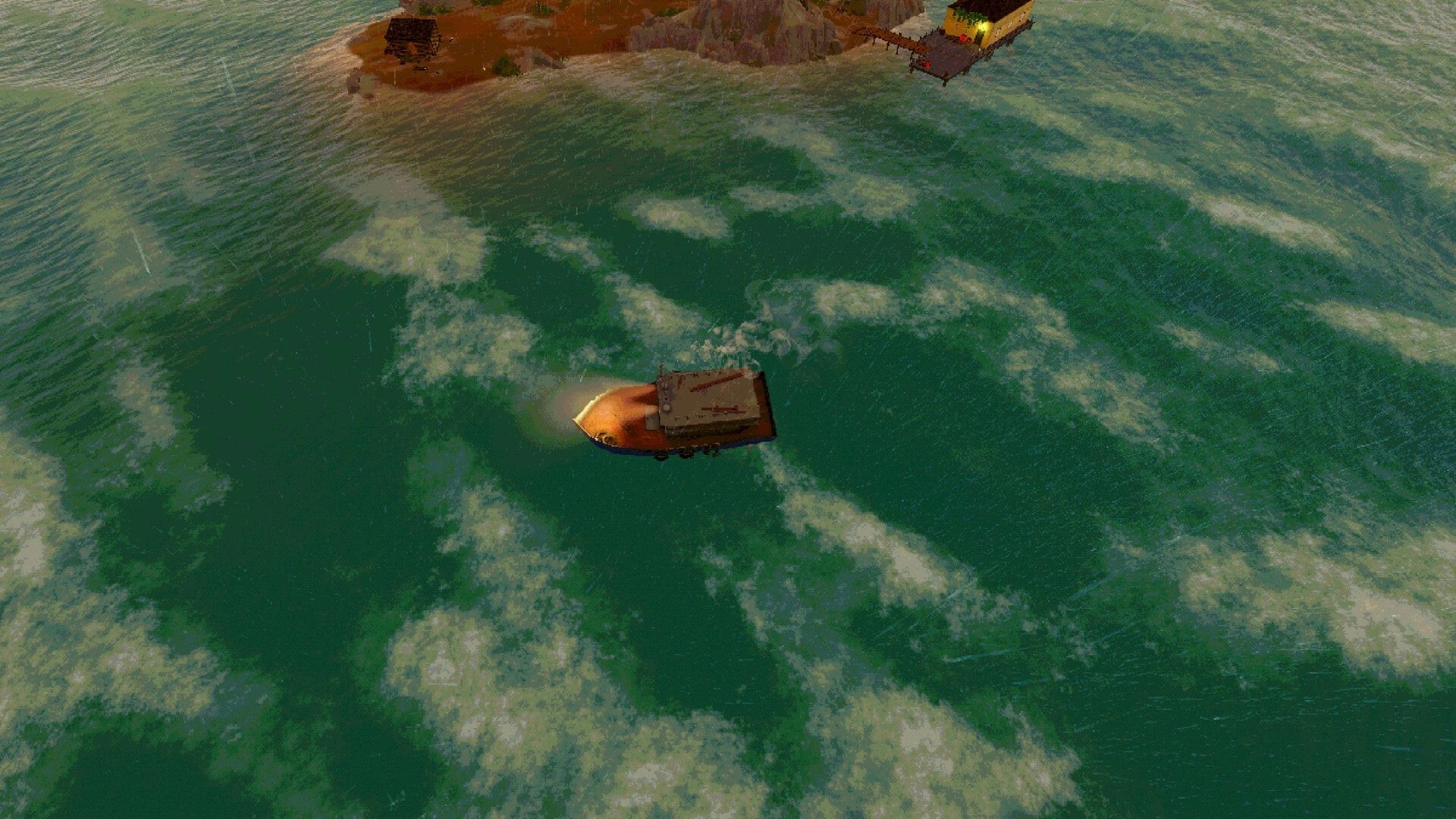 Fishy Business: Small fishing boat cruising through choppy green water near a rocky island dock at dusk.