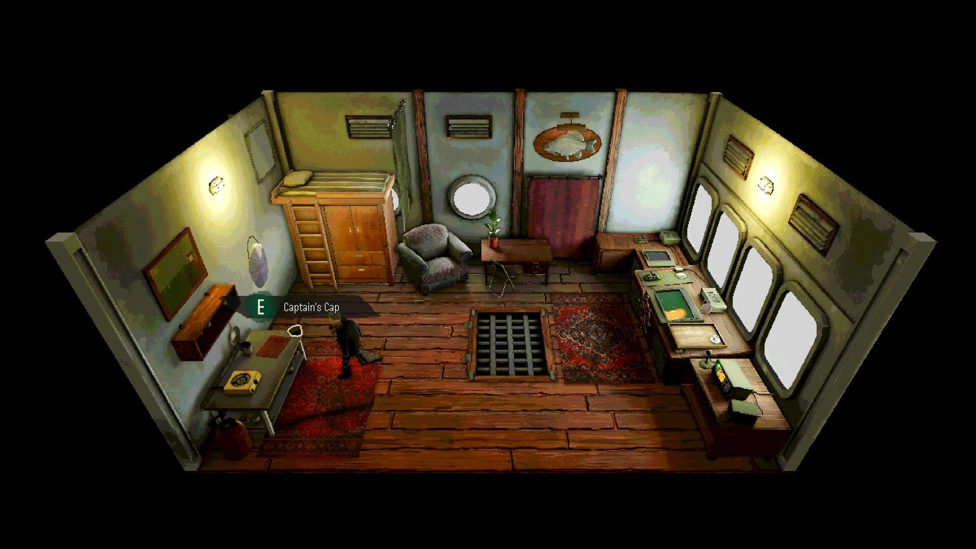 Fishy Business: Player inspects Captain's Cap prompt inside ship cabin with desk, couch, portholes.