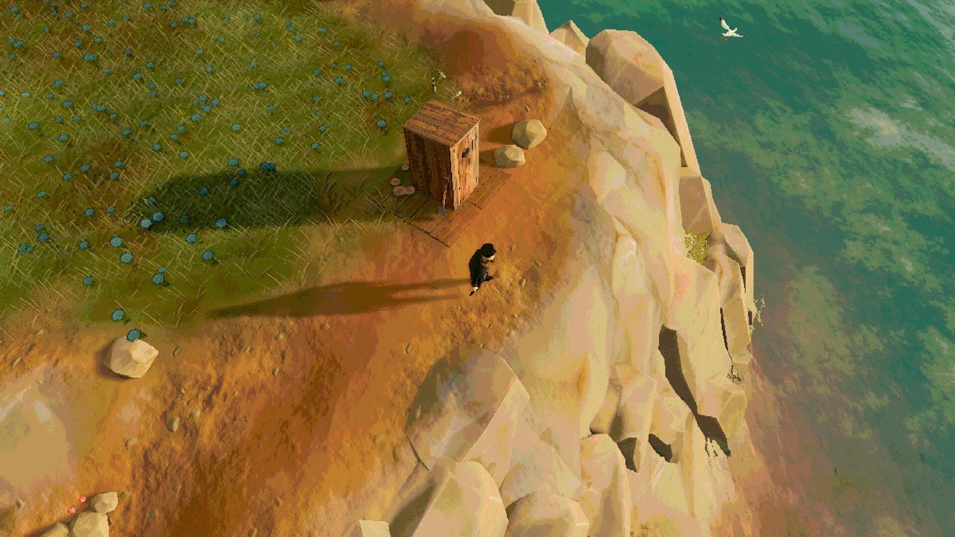 Fishy Business: Player walks past a wooden outhouse on a rocky cliff above the sea shoreline.