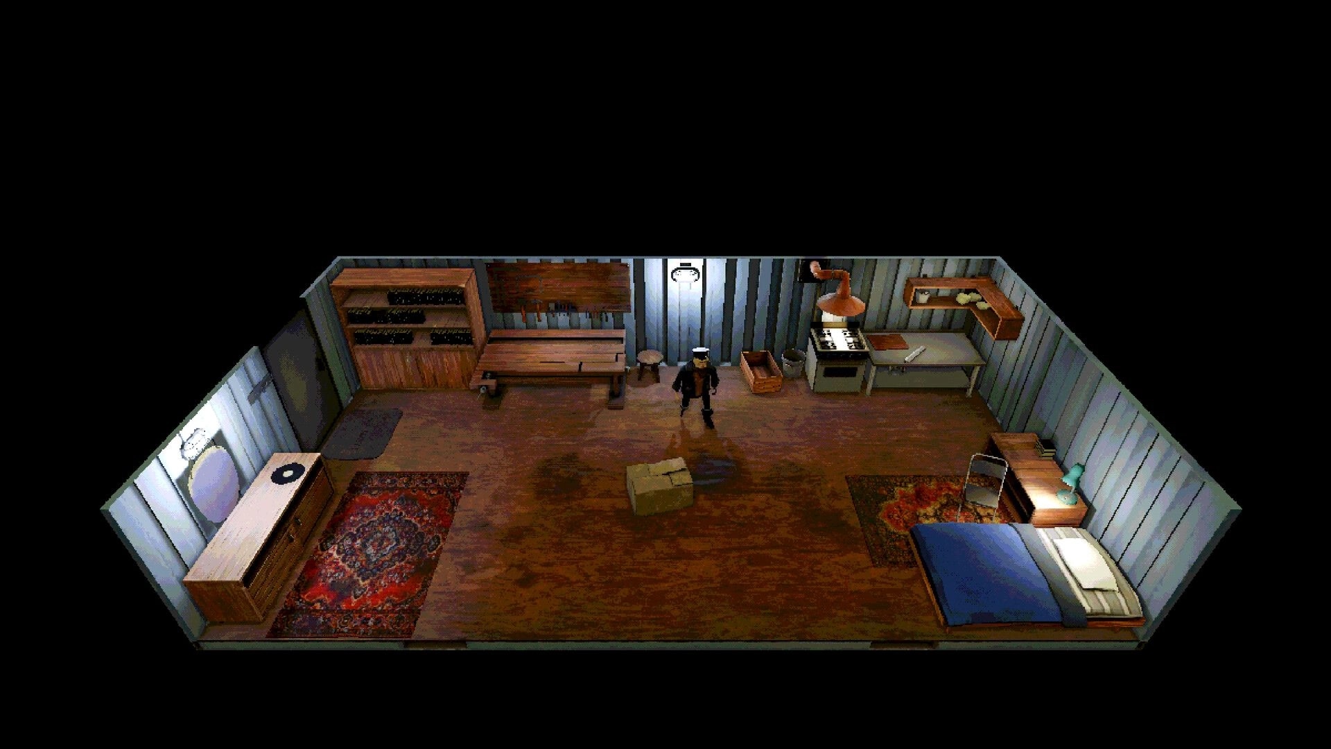 Fishy Business: Captain stands in cabin interior with bed, stove, shelves, rugs, and a record player.