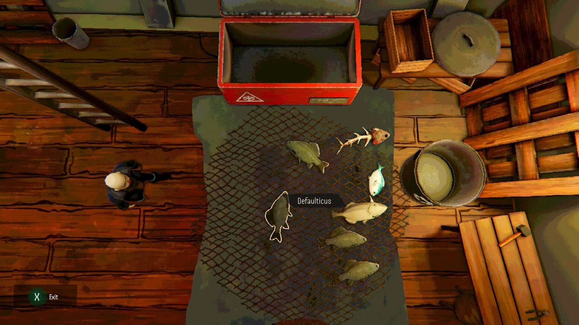 Fishy Business: Sorting a pile of fish on a deck net beside crates, barrel, and open cooler UI.