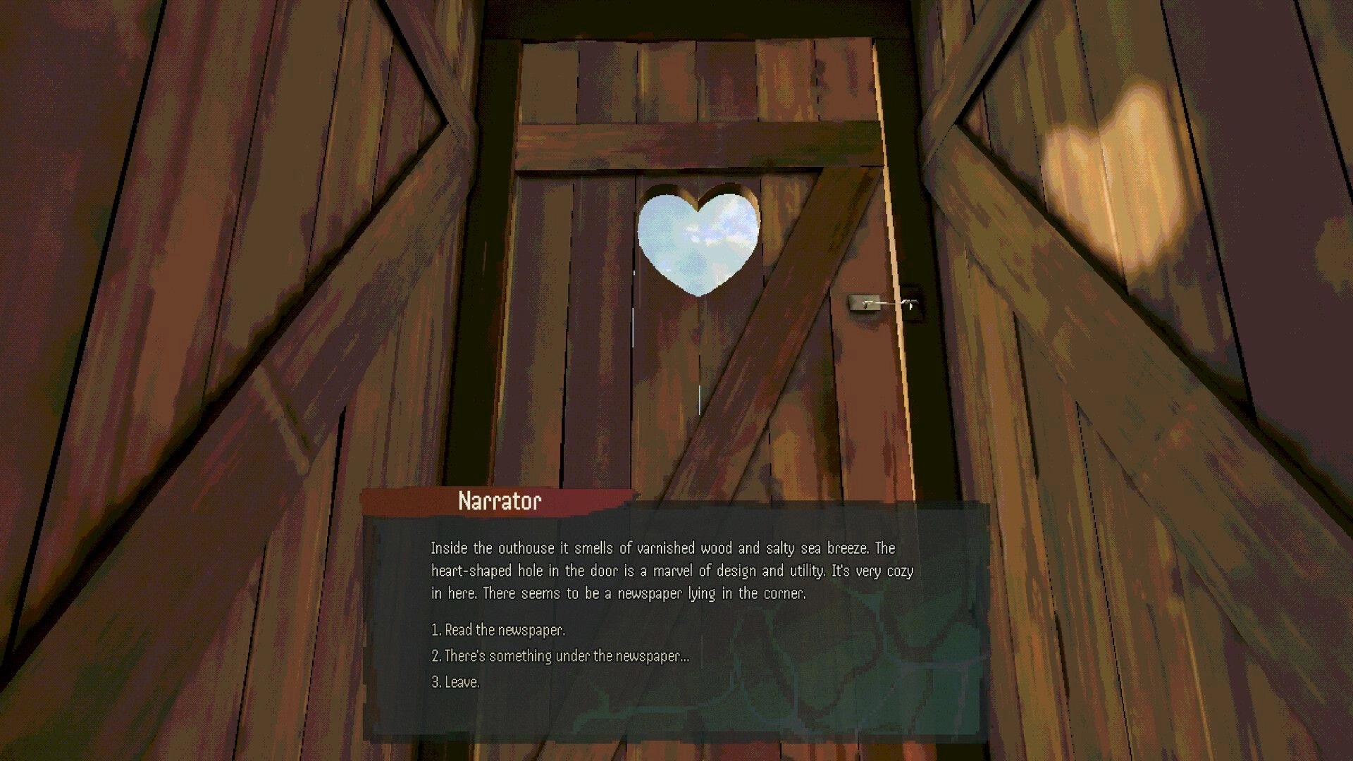 Fishy Business: Narrator dialogue choices inside a wooden outhouse, heart-shaped door window ahead.