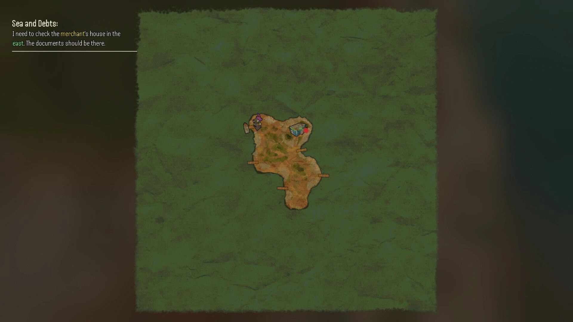Fishy Business: Quest log and island map with player marker and dock icons on green sea chart.