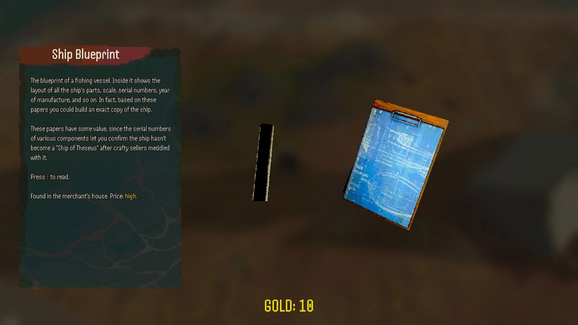 Fishy Business: Ship Blueprint item description panel with blueprint clipboard preview over blurred background.