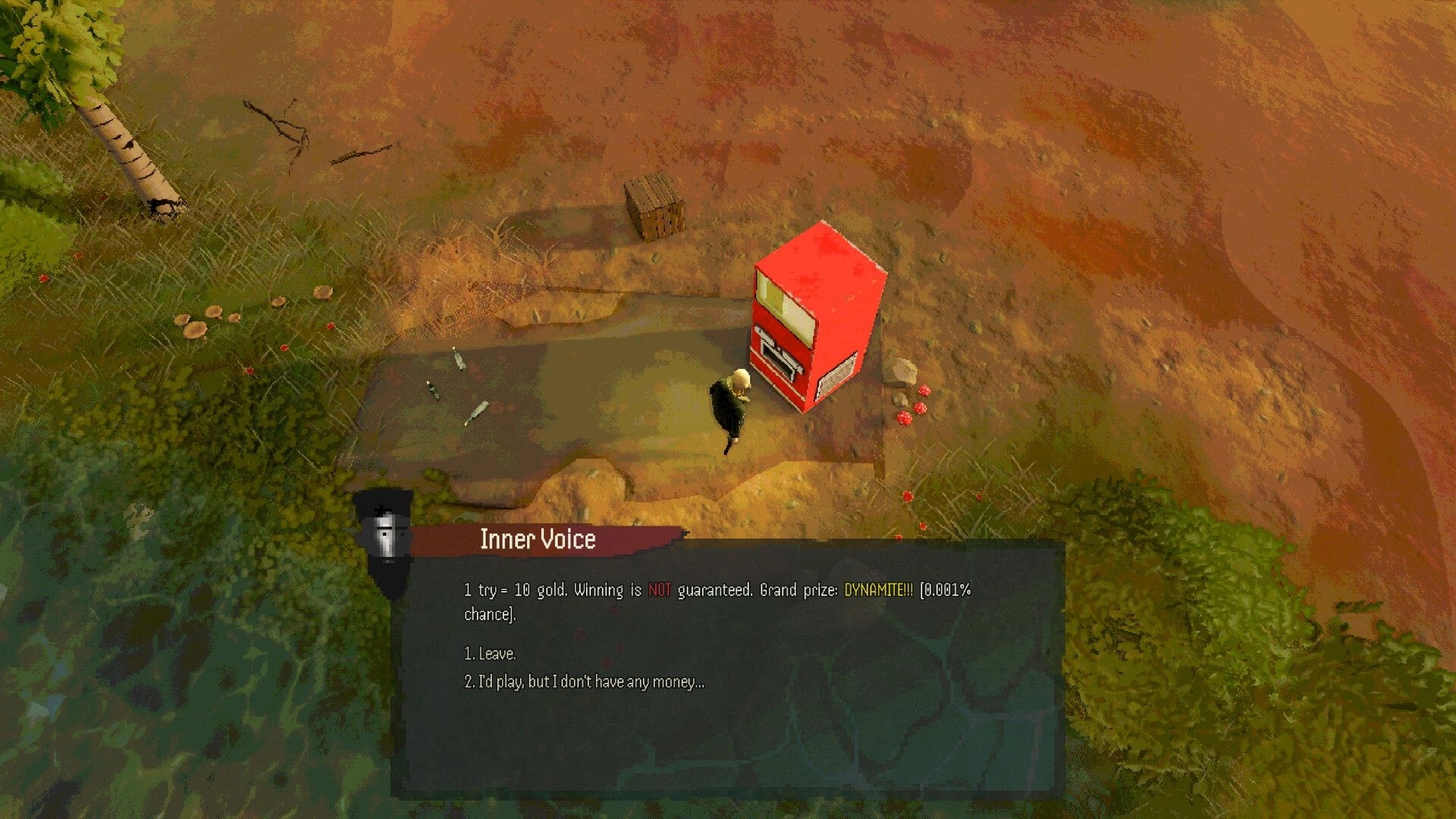 Fishy Business: Dialogue choice at red vending machine on muddy riverbank with scattered fish and trees.