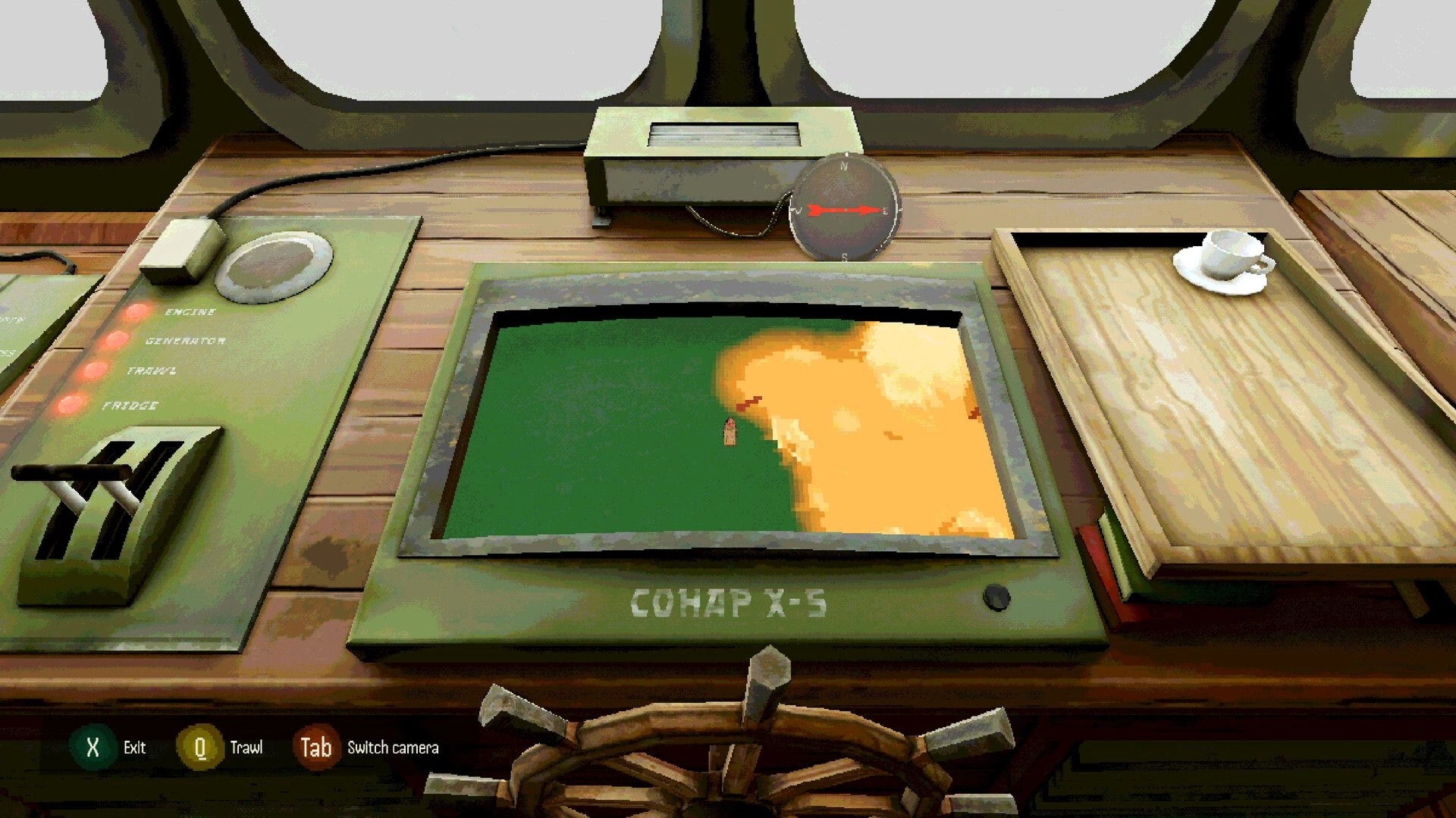 Fishy Business: Ship console sonar map with trawl prompts and engine levers inside the wheelhouse.