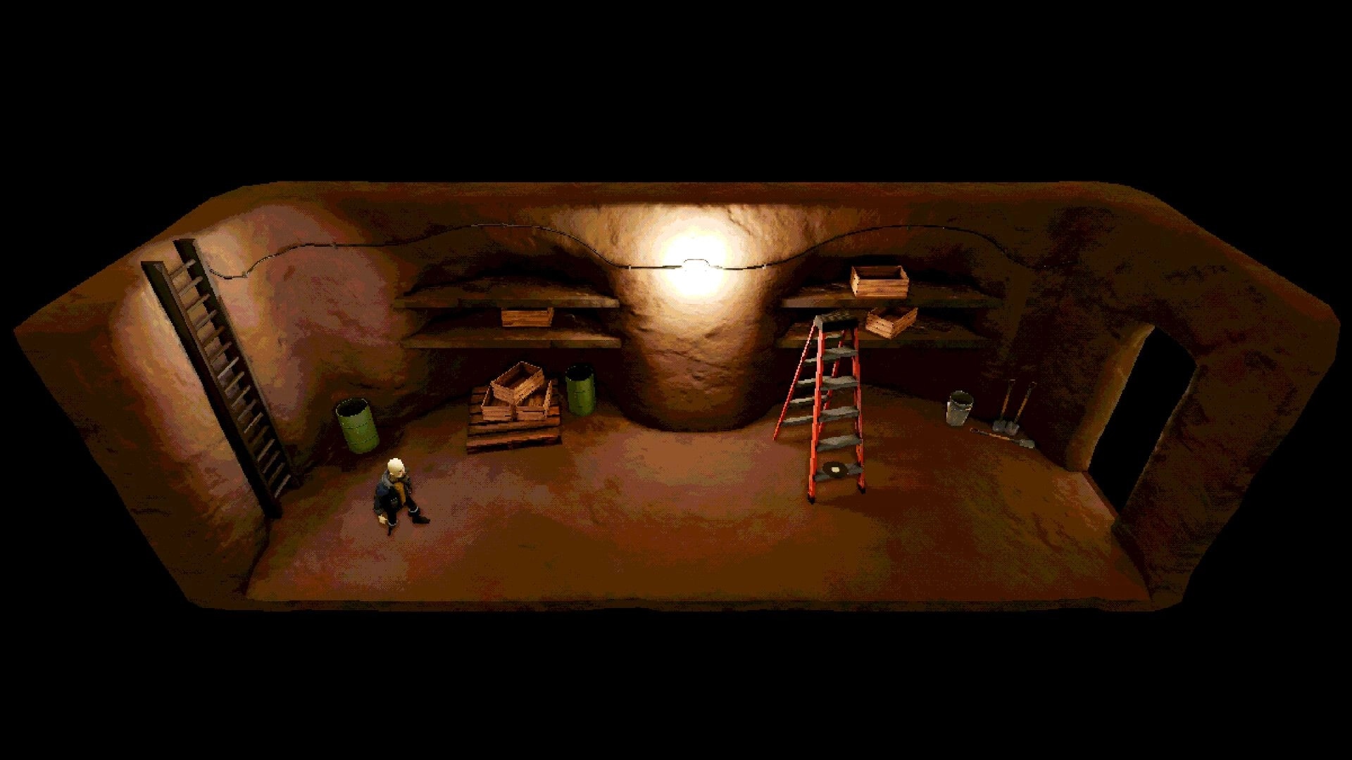 Fishy Business: Player explores a dim storage cave with crates, shelves, ladder, and tools nearby.