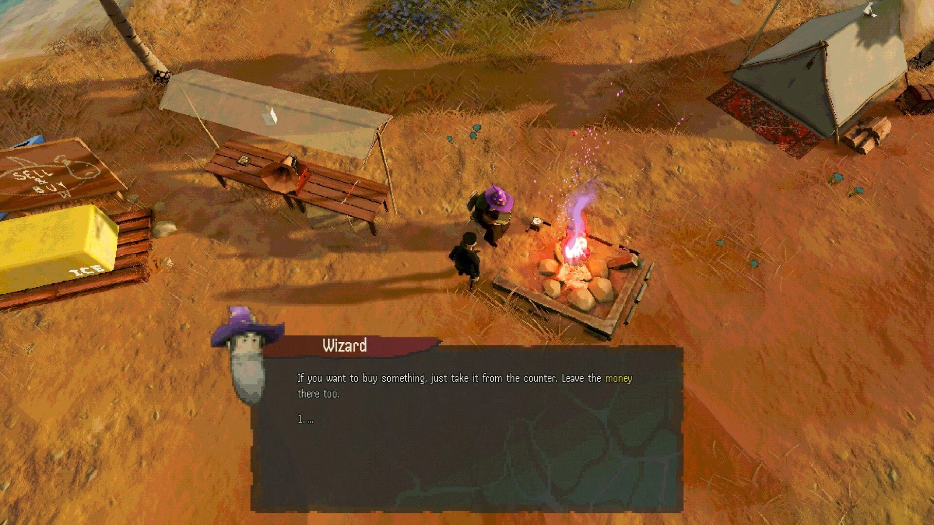 Fishy Business: Talking to a wizard NPC by a campfire in a sandy campsite with tents and stalls.