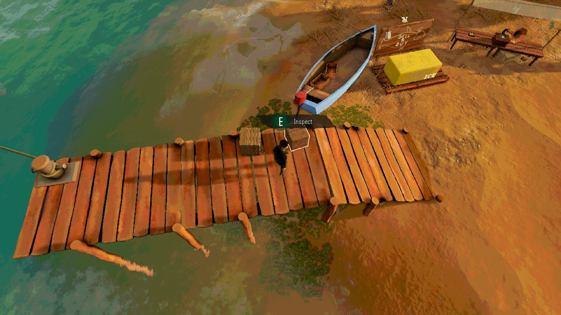 Fishy Business: Inspect prompt over crates on wooden dock by rowboat, ice box, and sandy shore.
