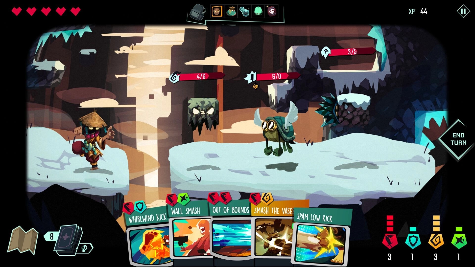 Five More Minutes: Battle scene with character facing enemies on snowy cliff, cards displayed below