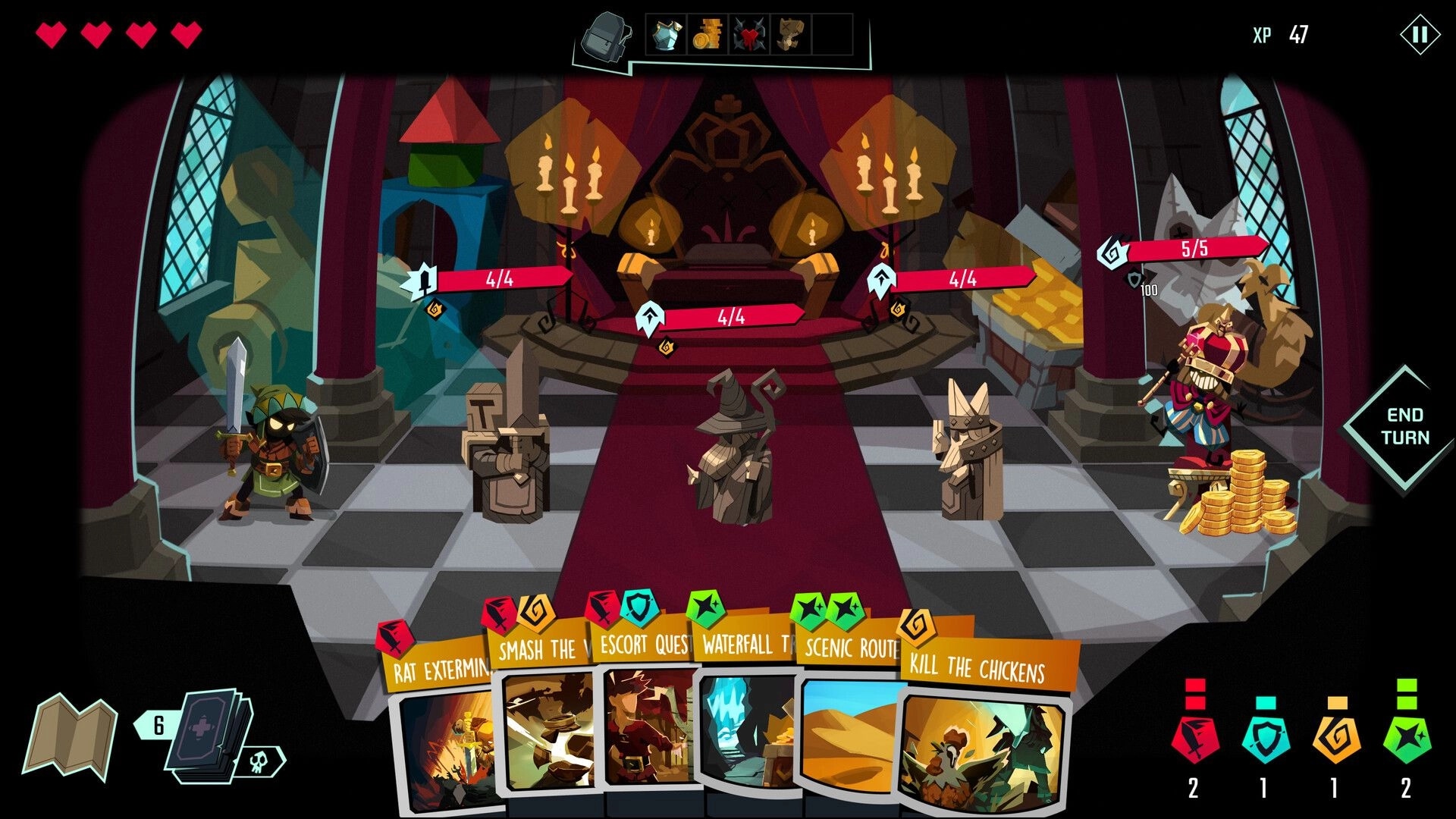 Five More Minutes: Wizard hero confronts armored foe in throne room with strategic card deck displayed
