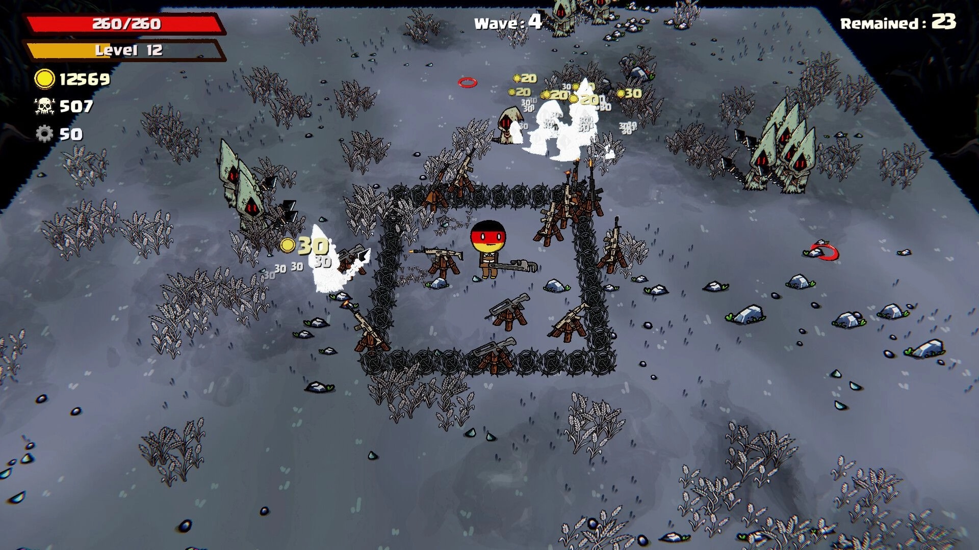 Flaghead: Flag-faced soldier in barbed wire fort with turrets, Wave 4 UI on gray battlefield.