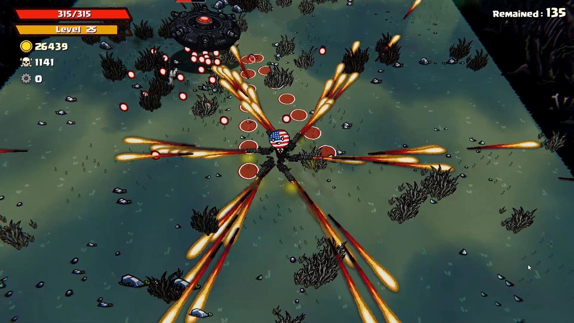 Flaghead: Flag-faced cyborg fires radial bullets at a UFO in grassy arena with level 25 UI stats.