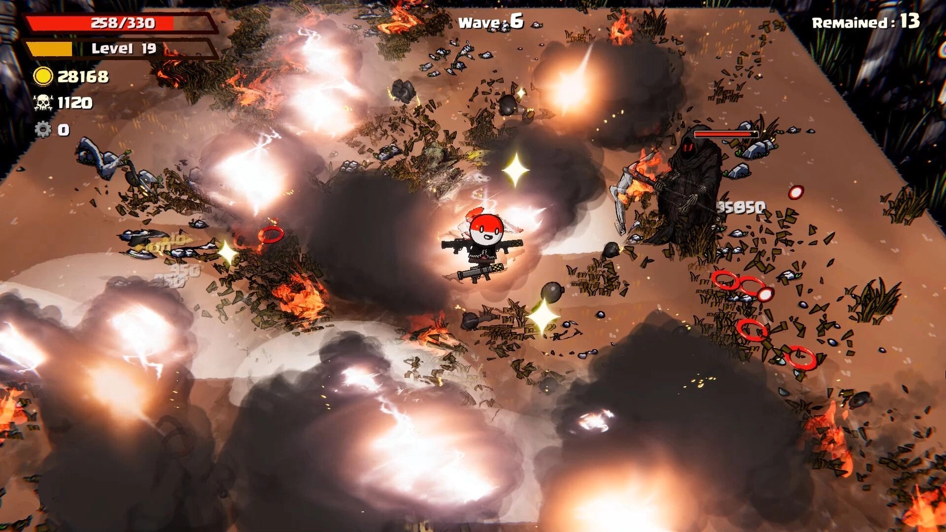 Flaghead: Flag-faced soldier firing amid explosions and smoke in arena, Wave 6 UI and enemy count visible.