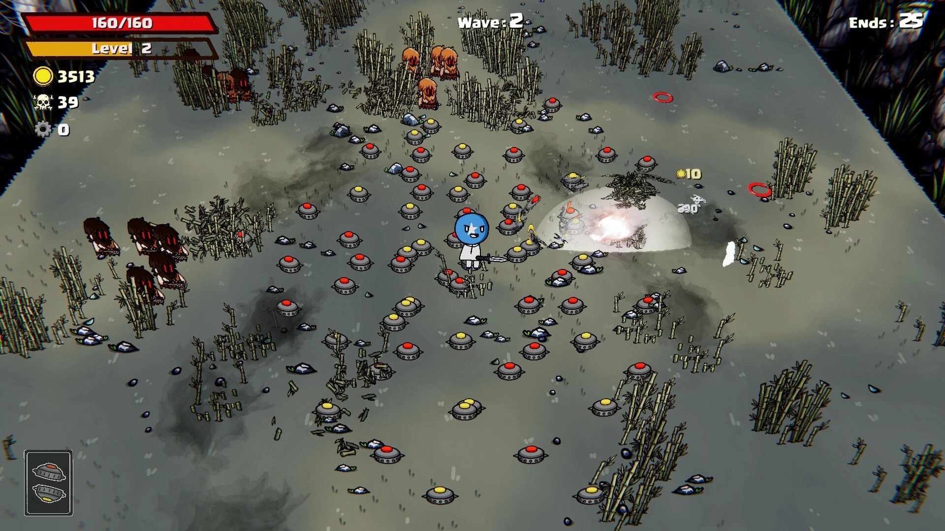 Flaghead: Blue flag-faced soldier fires at enemies amid mines on a bleak field, Wave 2 UI visible.