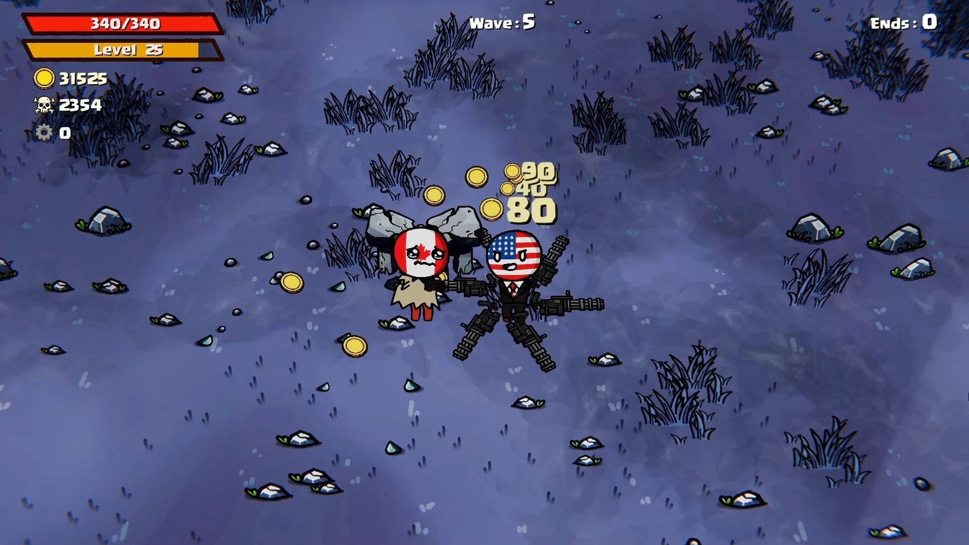 Flaghead: US-flag soldier with miniguns grabs coins beside ally on rocky grass arena, Wave 5 UI.