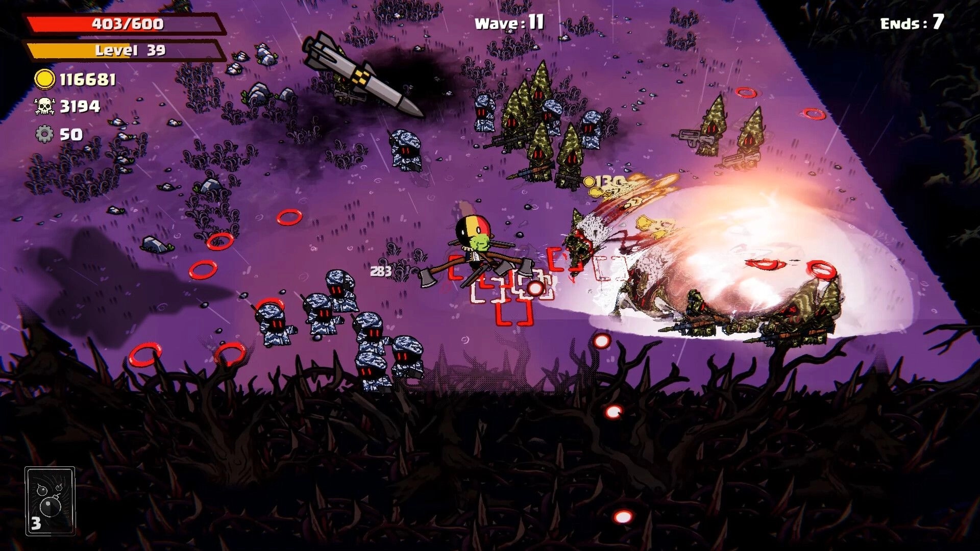 Flaghead: Flag-headed soldier fires amid explosions and enemy mobs on purple battlefield, Wave 11 UI.