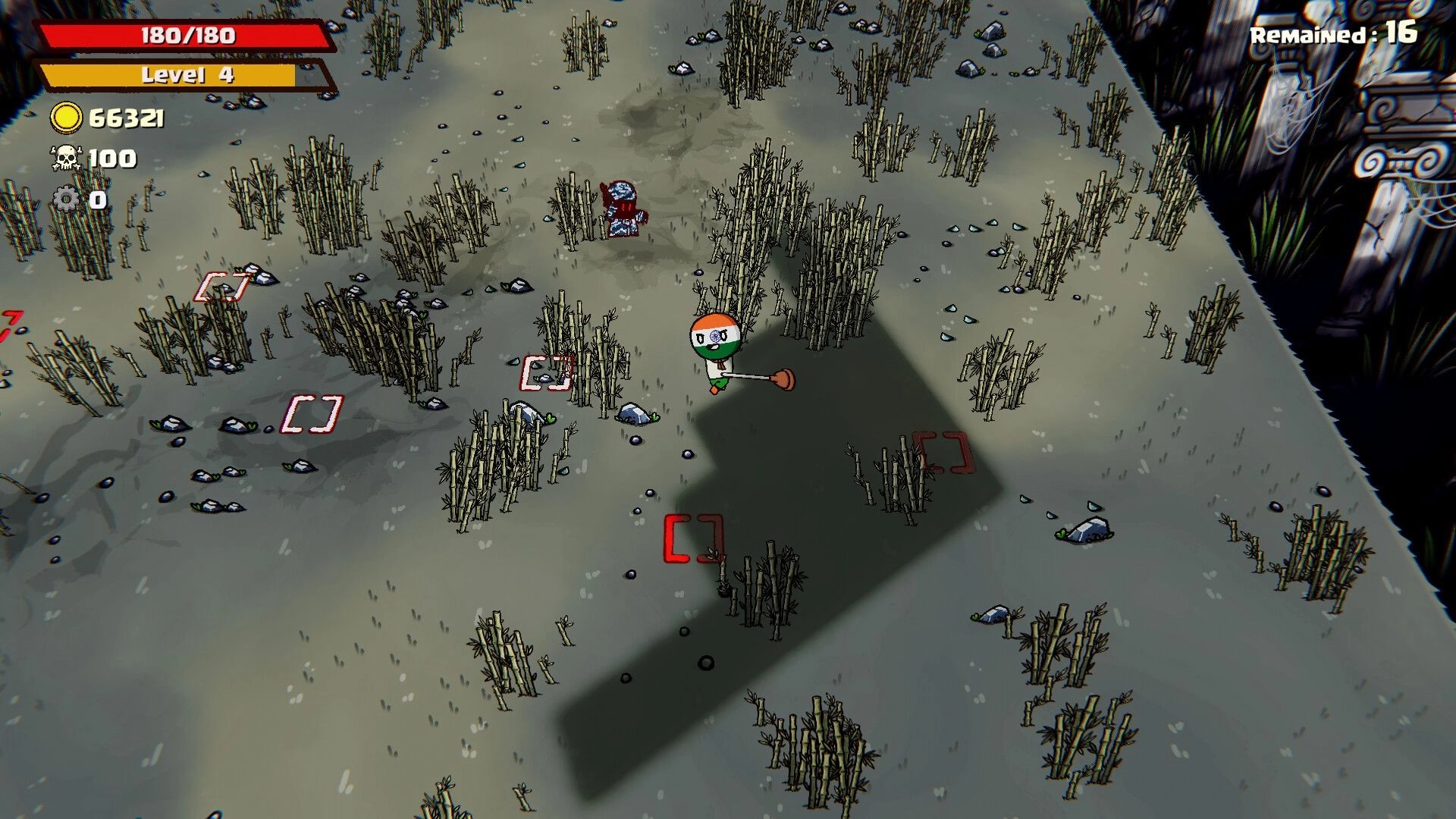 Flaghead: India ball avatar swings a mace in a grassy arena; UI shows 180/180, Level 4, 16 left.