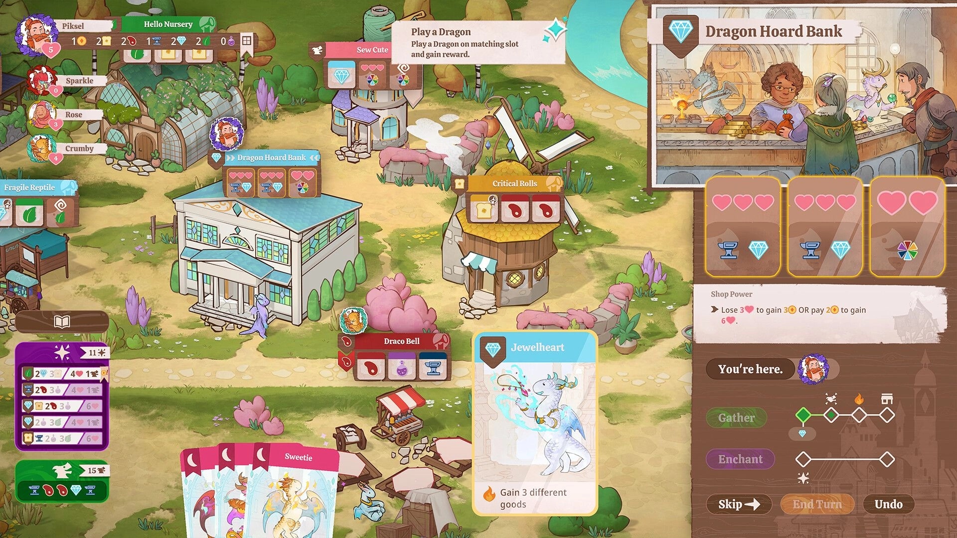 Flamecraft: Interactive village map with dragon cards, shops, and player action options displayed.