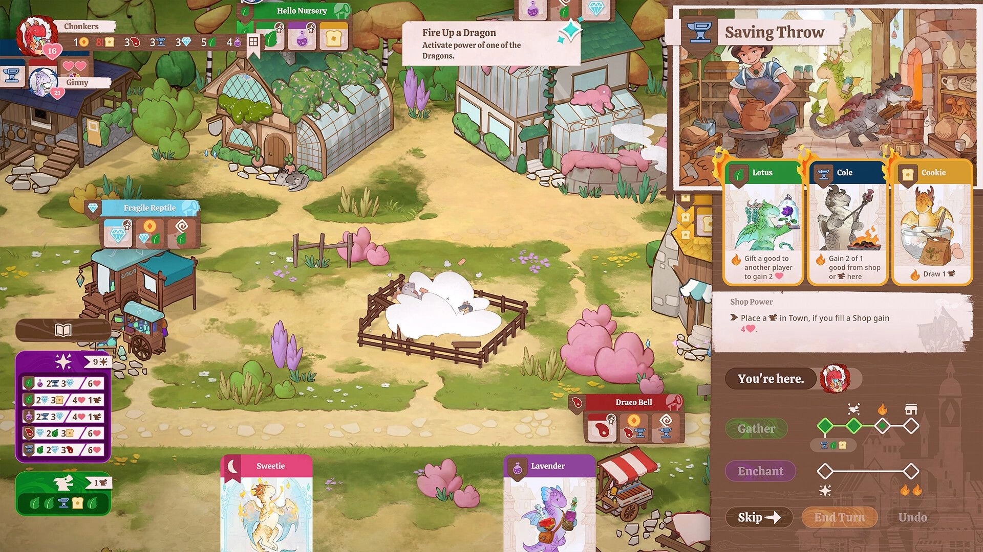 Flamecraft: Village overview with dragon cards, player stats, and shop menu in whimsical district.