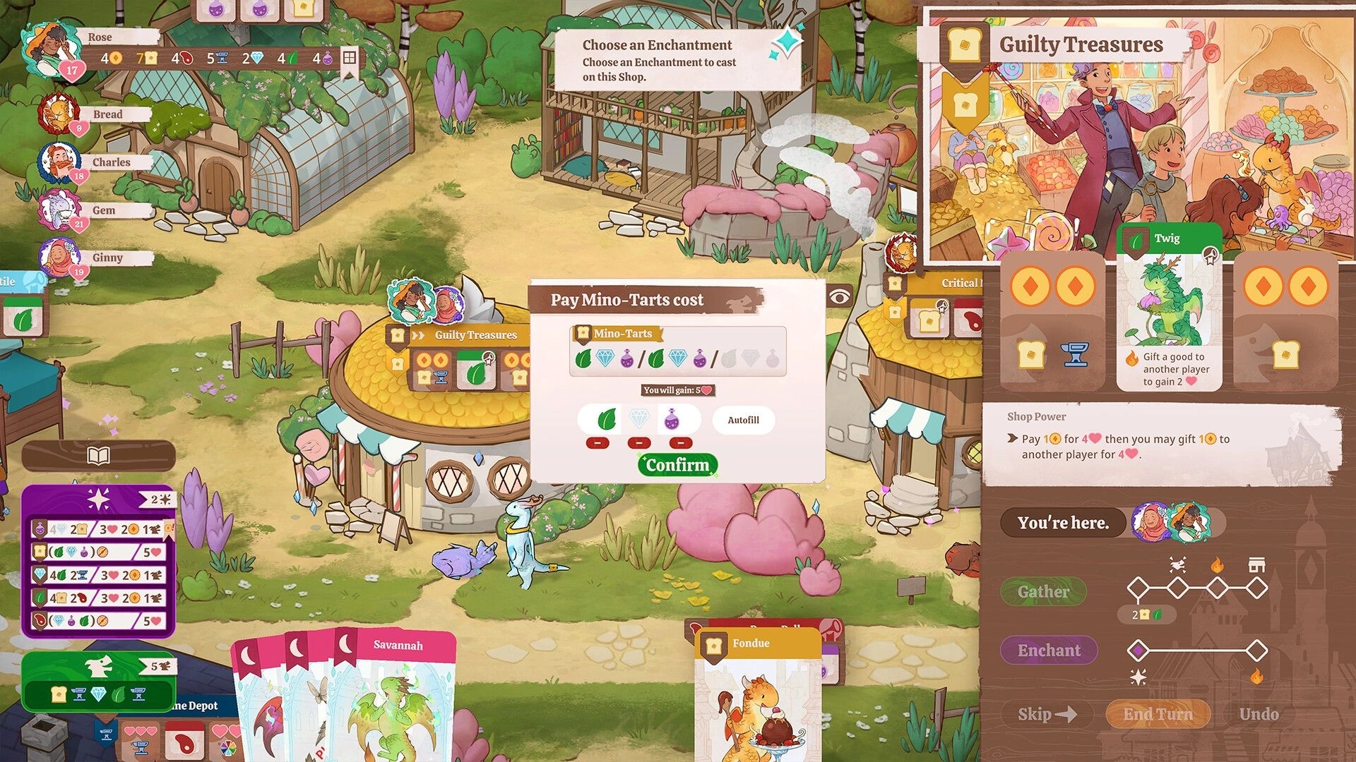 Flamecraft: Enchanting shop interface with dragon card details and player actions in a whimsical town setting