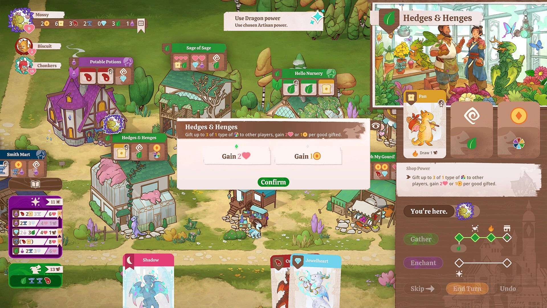 Flamecraft: Dragon card management and store interaction in a vibrant village setting