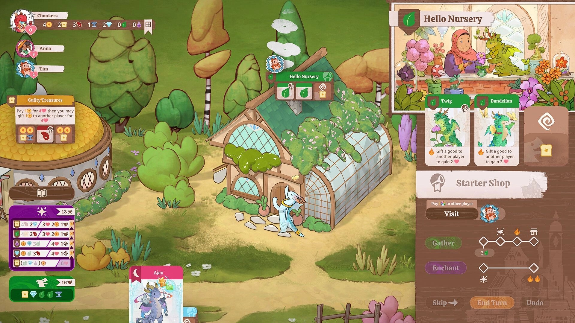 Flamecraft: Player panel and nursery shop with cards and dragon-themed menus in vibrant village setting