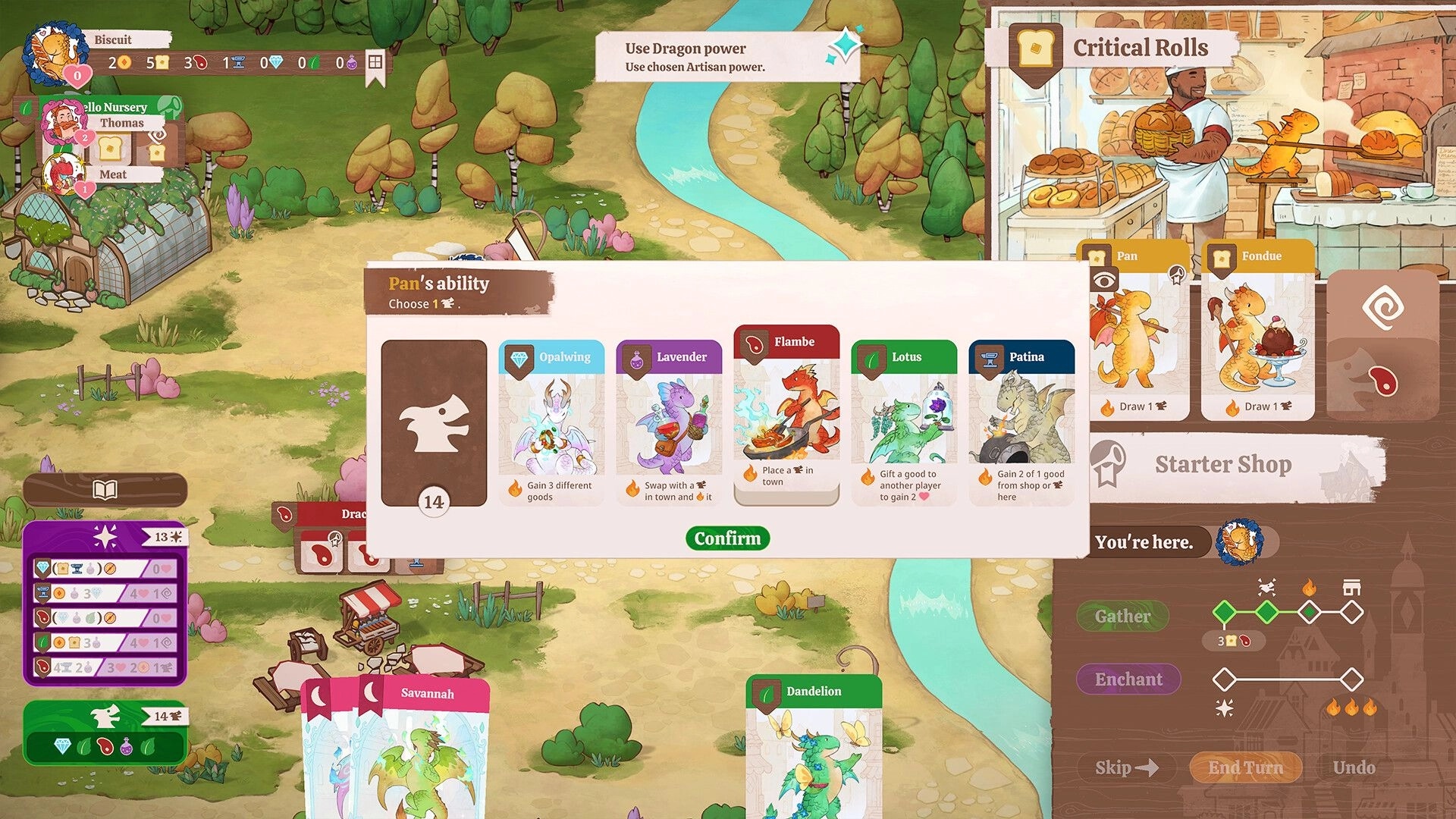 Flamecraft: Pan’s ability selection in a vibrant village setting with dragon artisan cards displayed