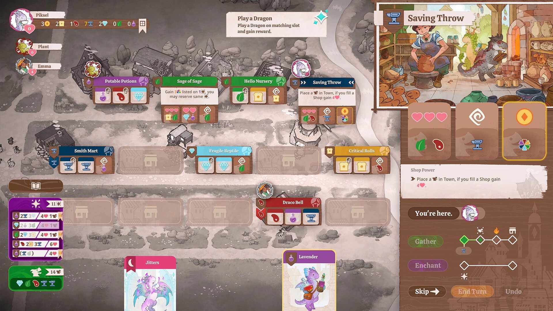 Flamecraft: Player assigning dragons to shops in a whimsical village with detailed UI elements visible